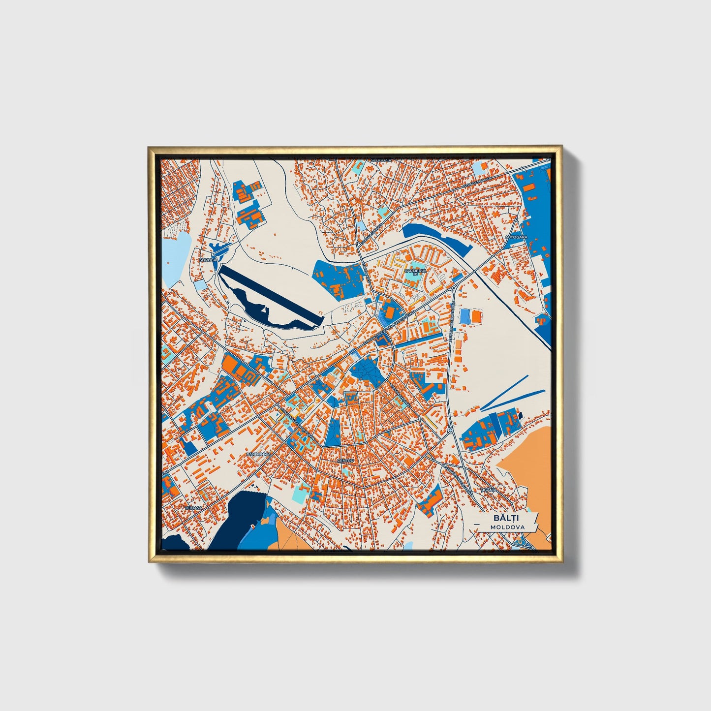 Bălți Moldova Colorful City Map Canvas Print • Gold Framed