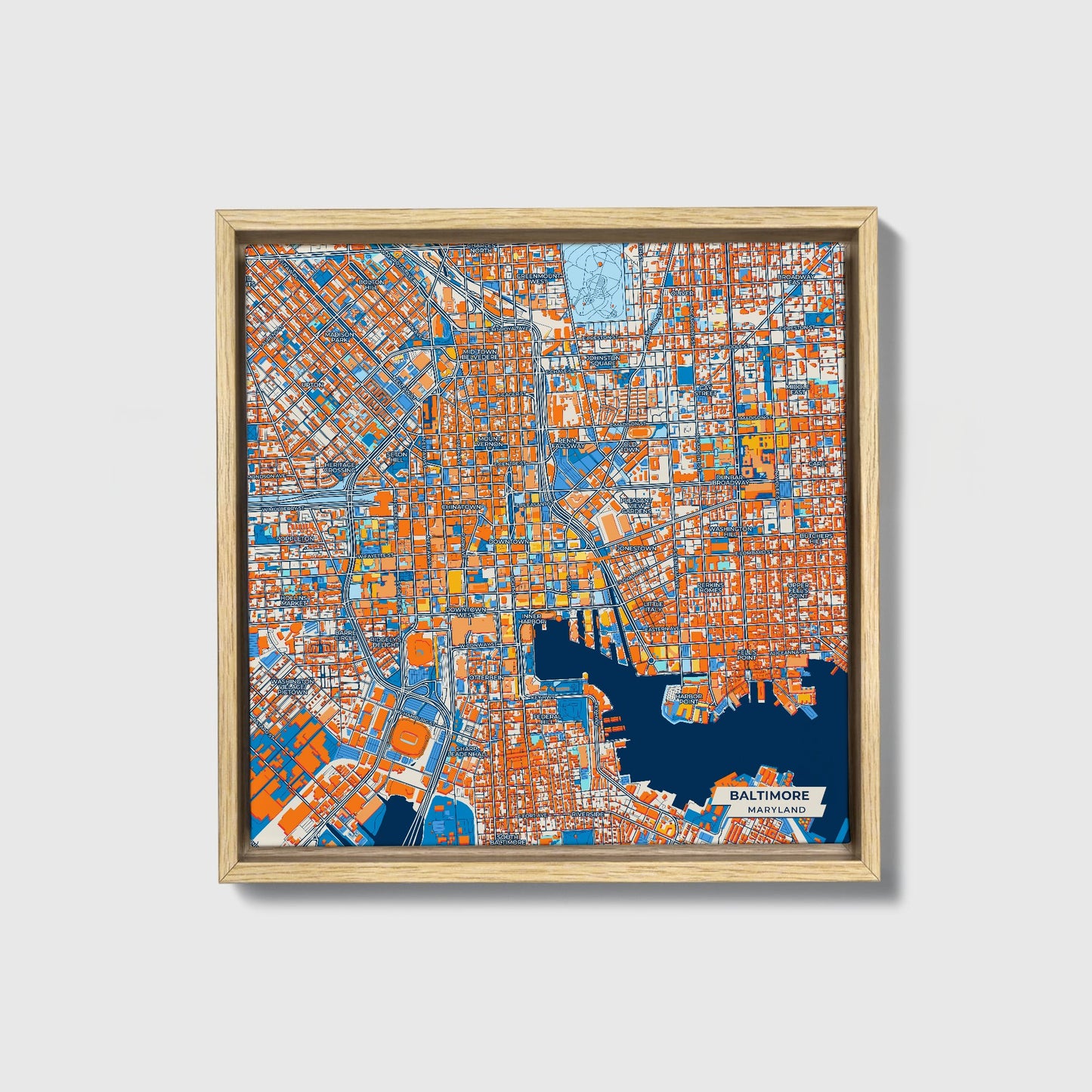 Baltimore Maryland Colorful City Map Canvas Print • Natural Wooden Framed