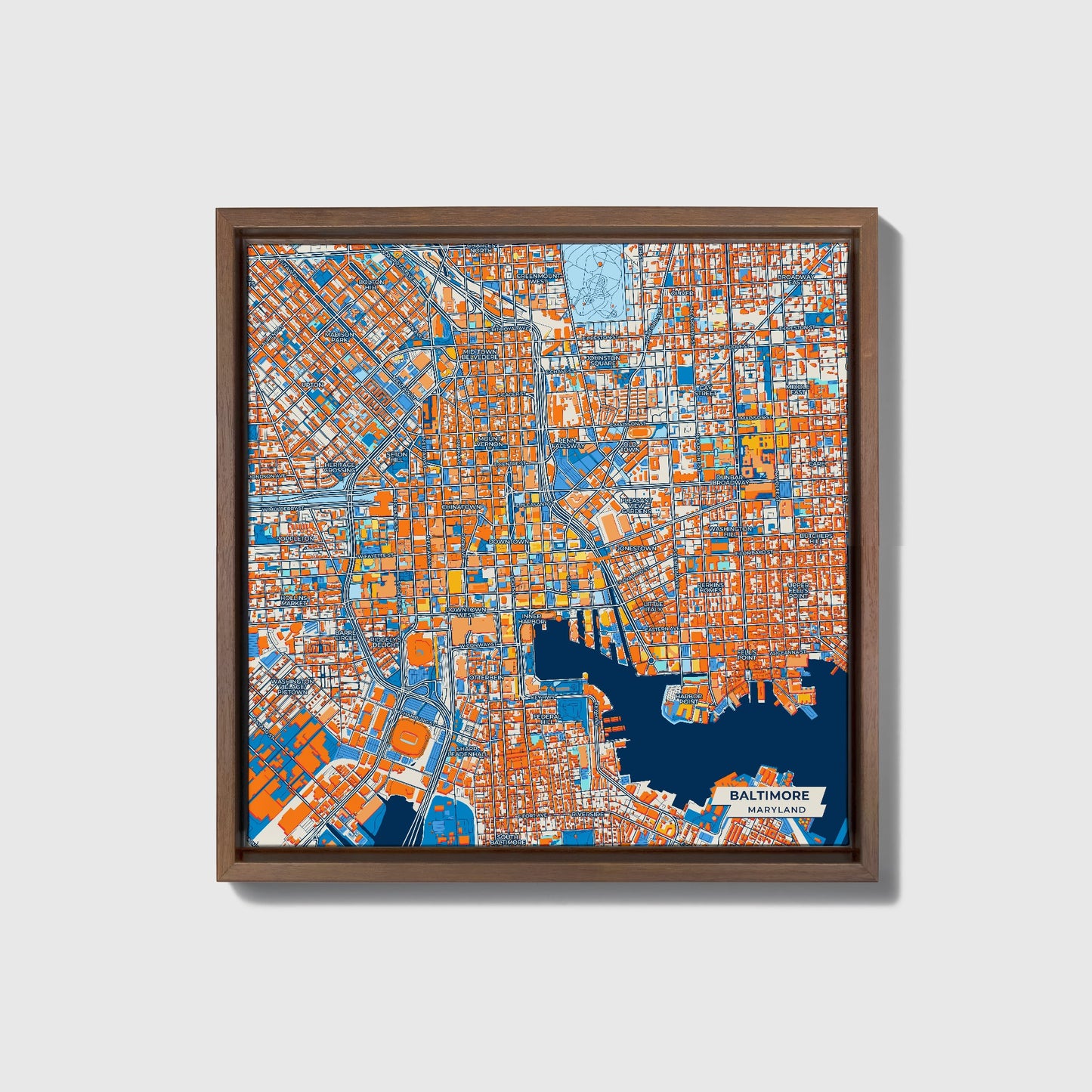 Baltimore Maryland Colorful City Map Canvas Print • Dark Wooden Framed