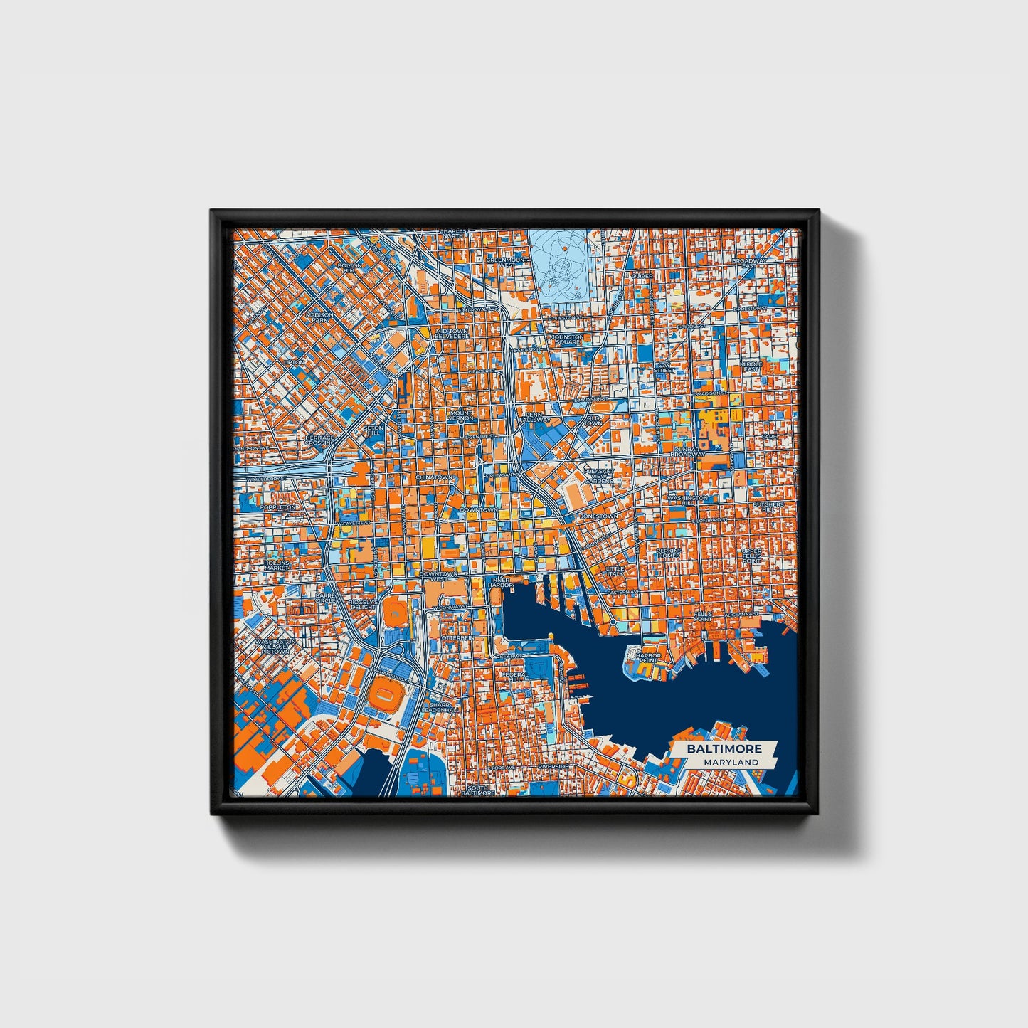 Baltimore Maryland Colorful City Map Canvas Print • Black Framed
