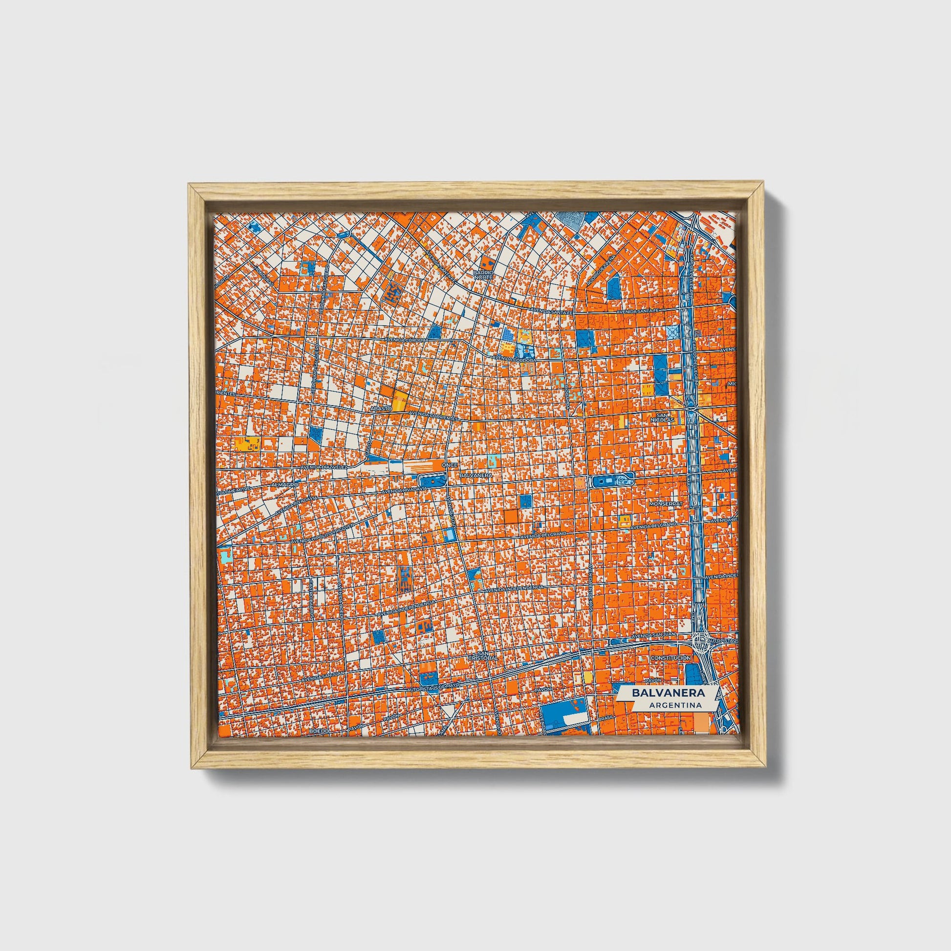 Balvanera Argentina Colorful City Map Canvas Print • Natural Wooden Framed