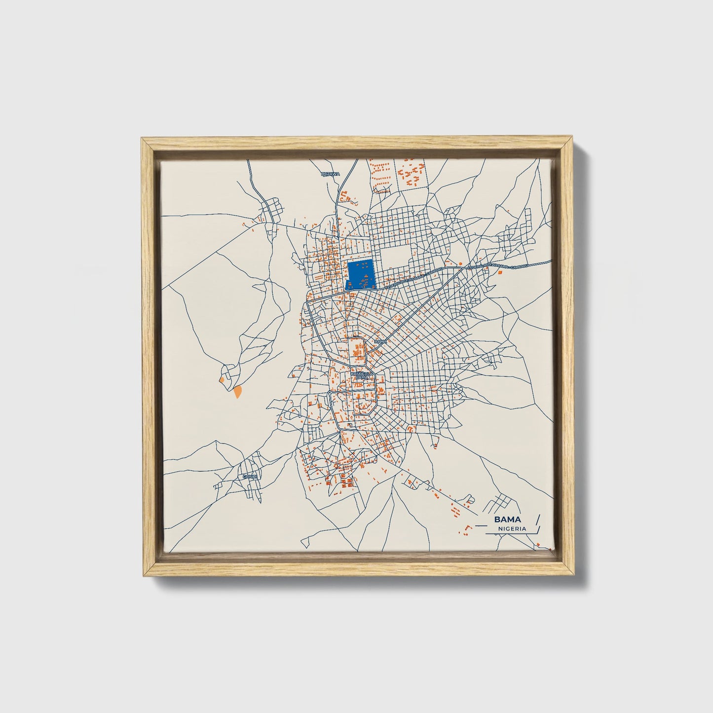 Bama Nigeria Colorful City Map Canvas Print • Natural Wooden Framed