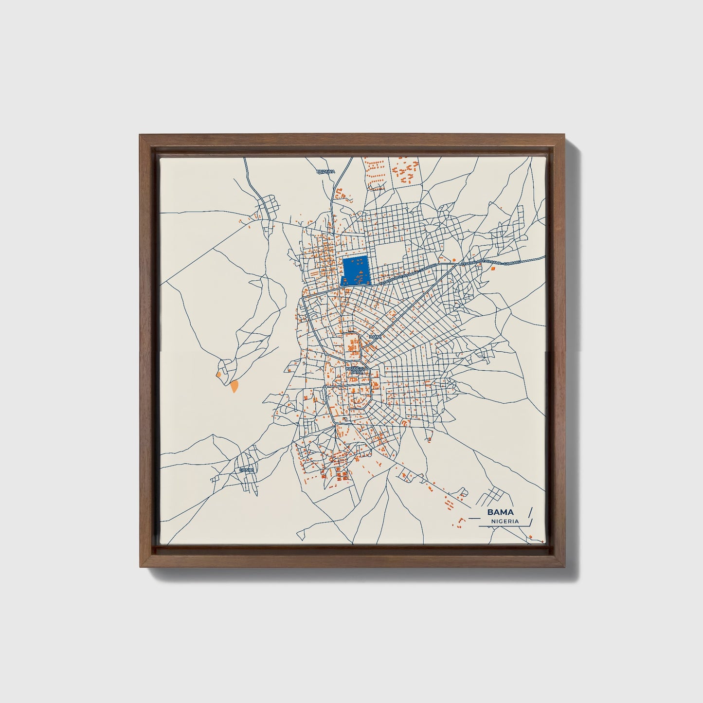 Bama Nigeria Colorful City Map Canvas Print • Dark Wooden Framed