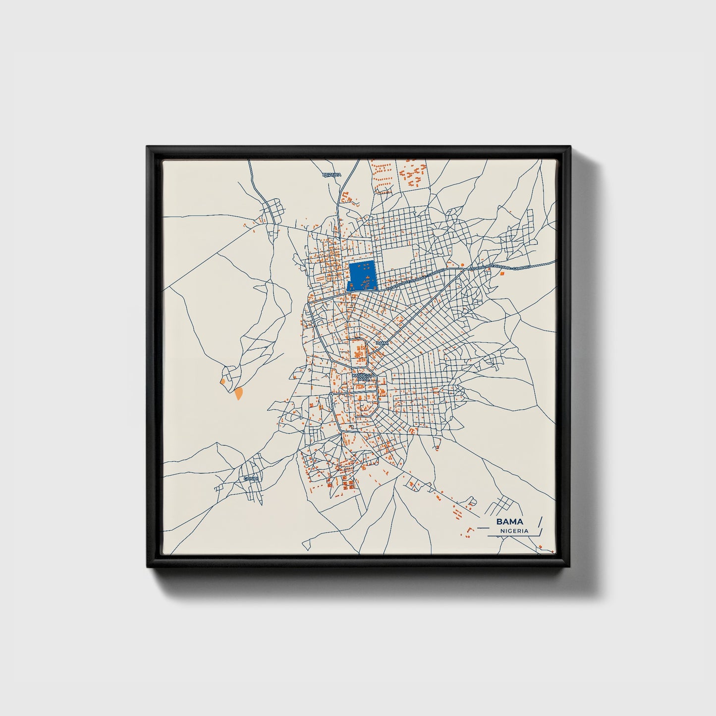 Bama Nigeria Colorful City Map Canvas Print • Black Framed