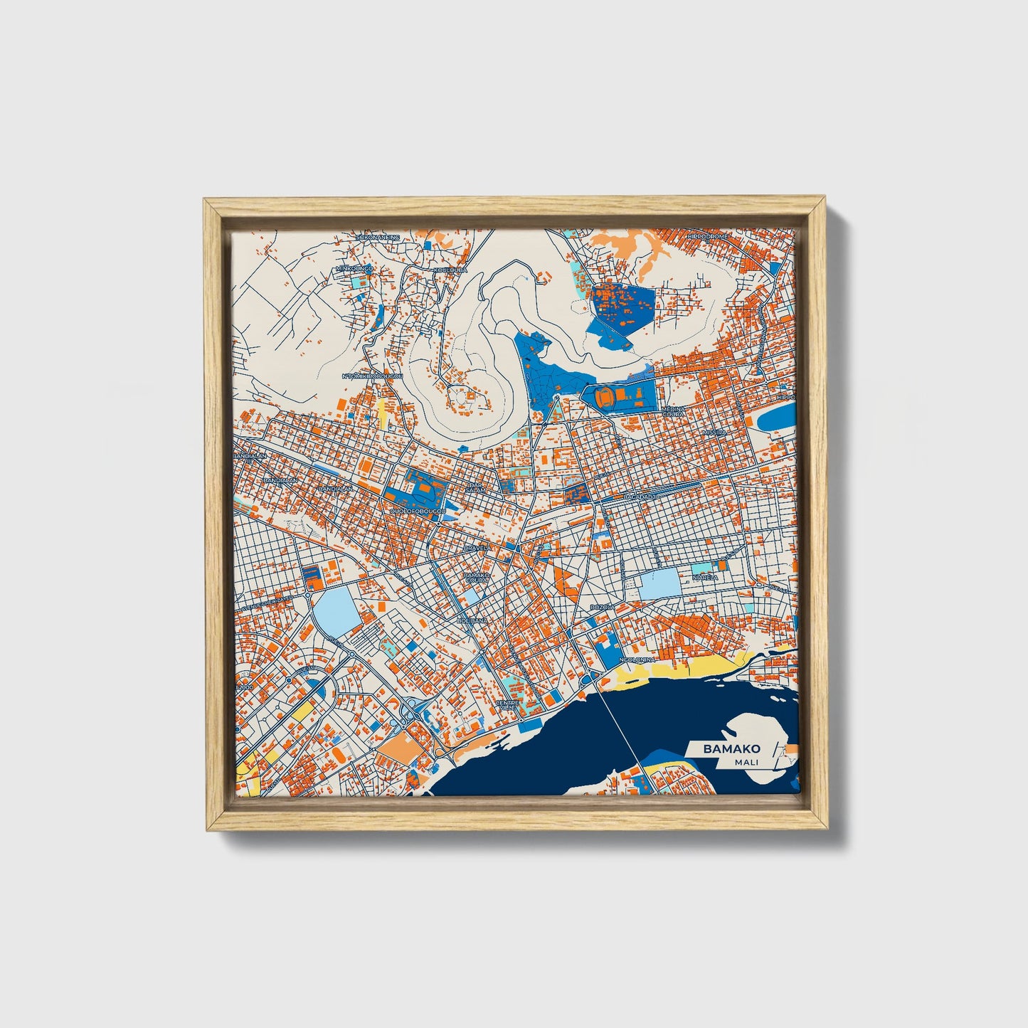 Bamako Mali Colorful City Map Canvas Print • Natural Wooden Framed