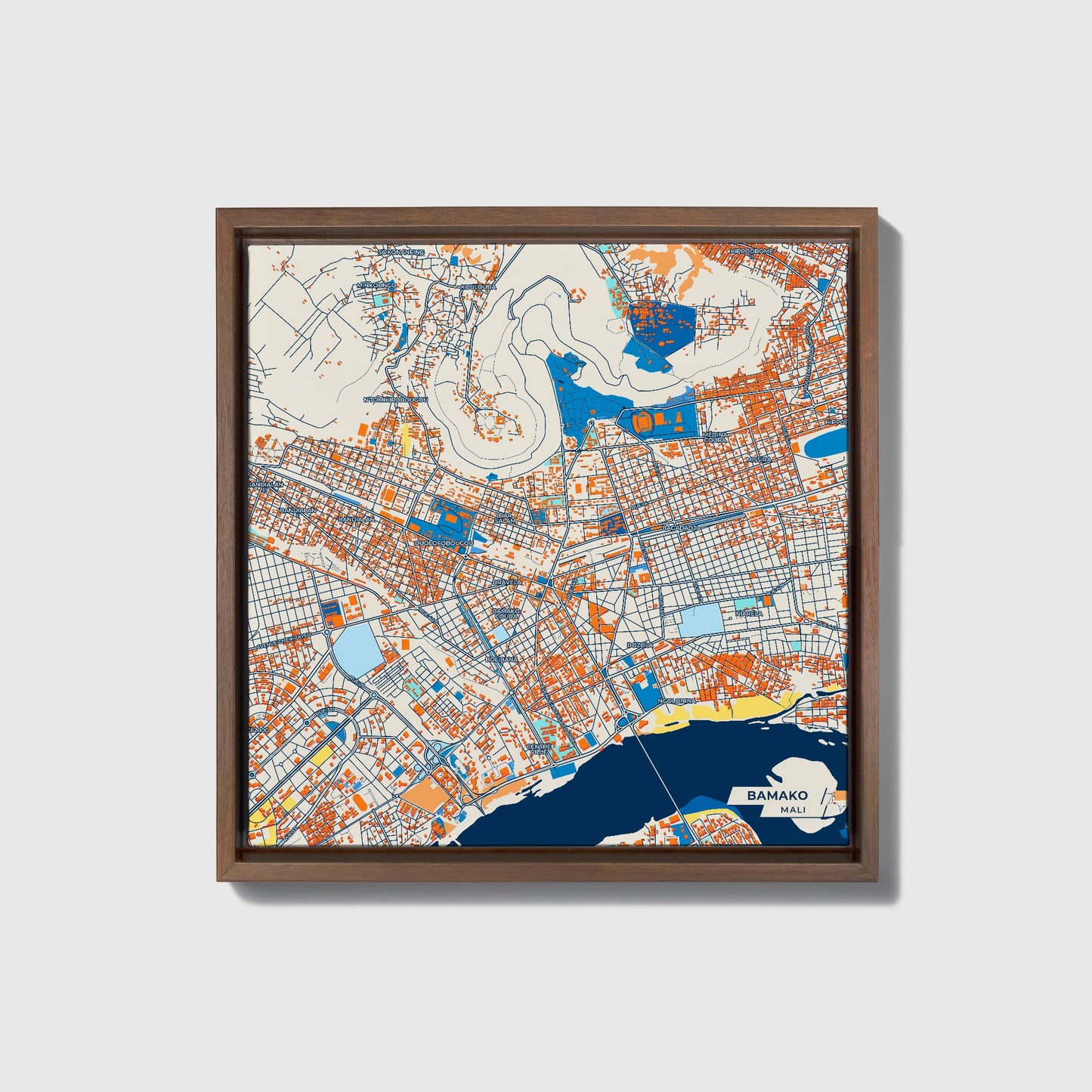 Bamako Mali Colorful City Map Canvas Print • Dark Wooden Framed