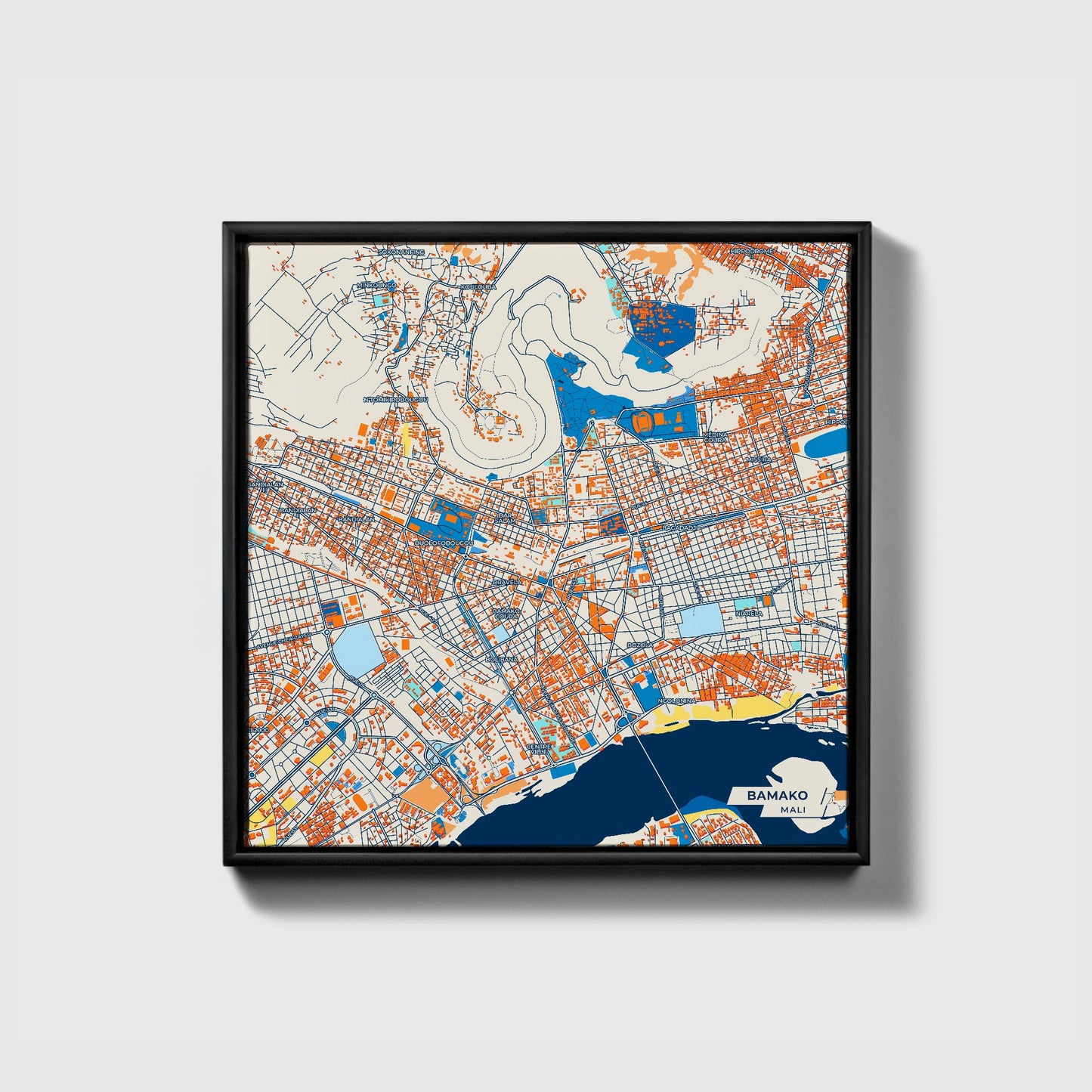 Bamako Mali Colorful City Map Canvas Print • Black Framed