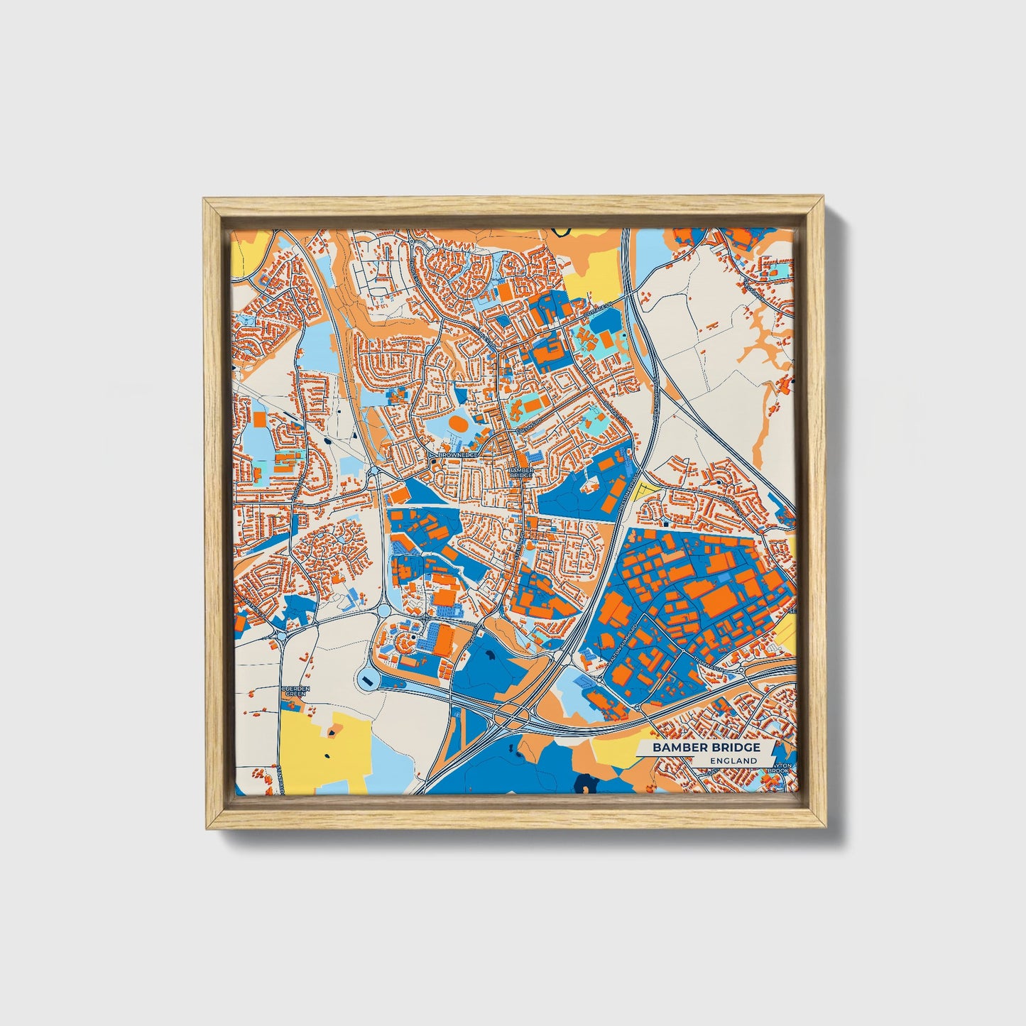 Bamber Bridge England Colorful City Map Canvas Print • Natural Wooden Framed
