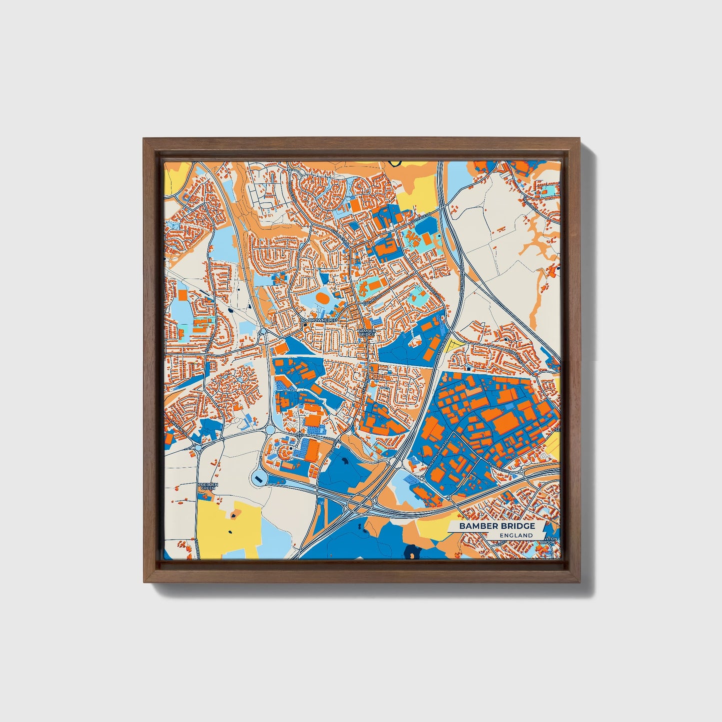 Bamber Bridge England Colorful City Map Canvas Print • Dark Wooden Framed