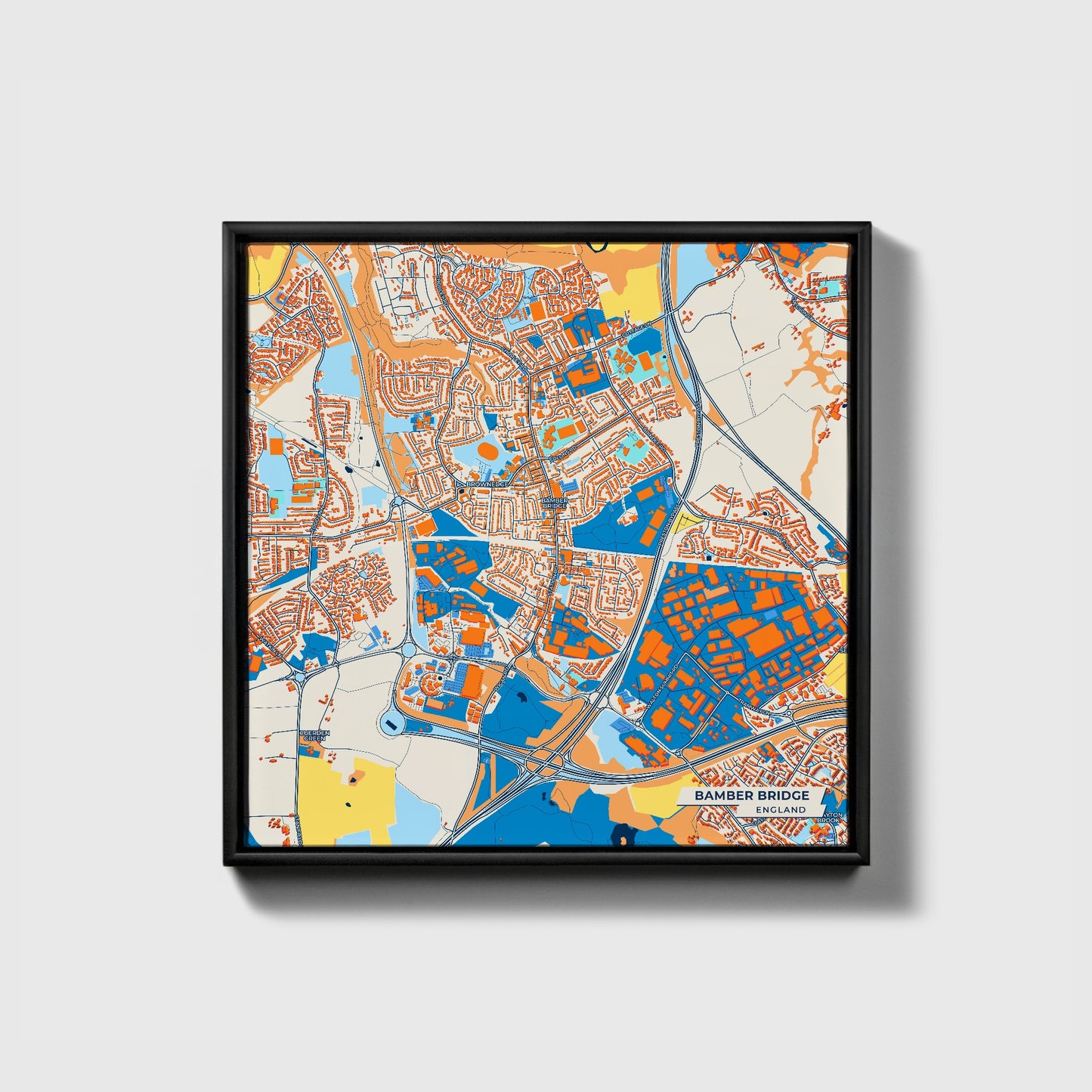 Bamber Bridge England Colorful City Map Canvas Print • Black Framed