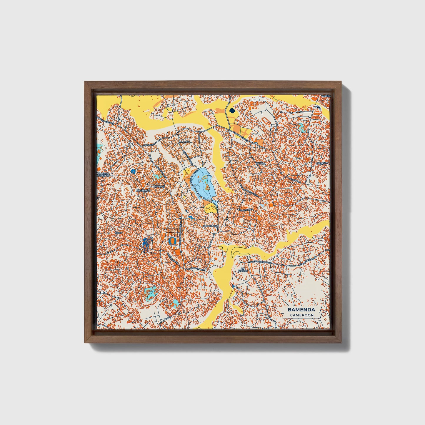 Bamenda Cameroon Colorful City Map Canvas Print • Dark Wooden Framed