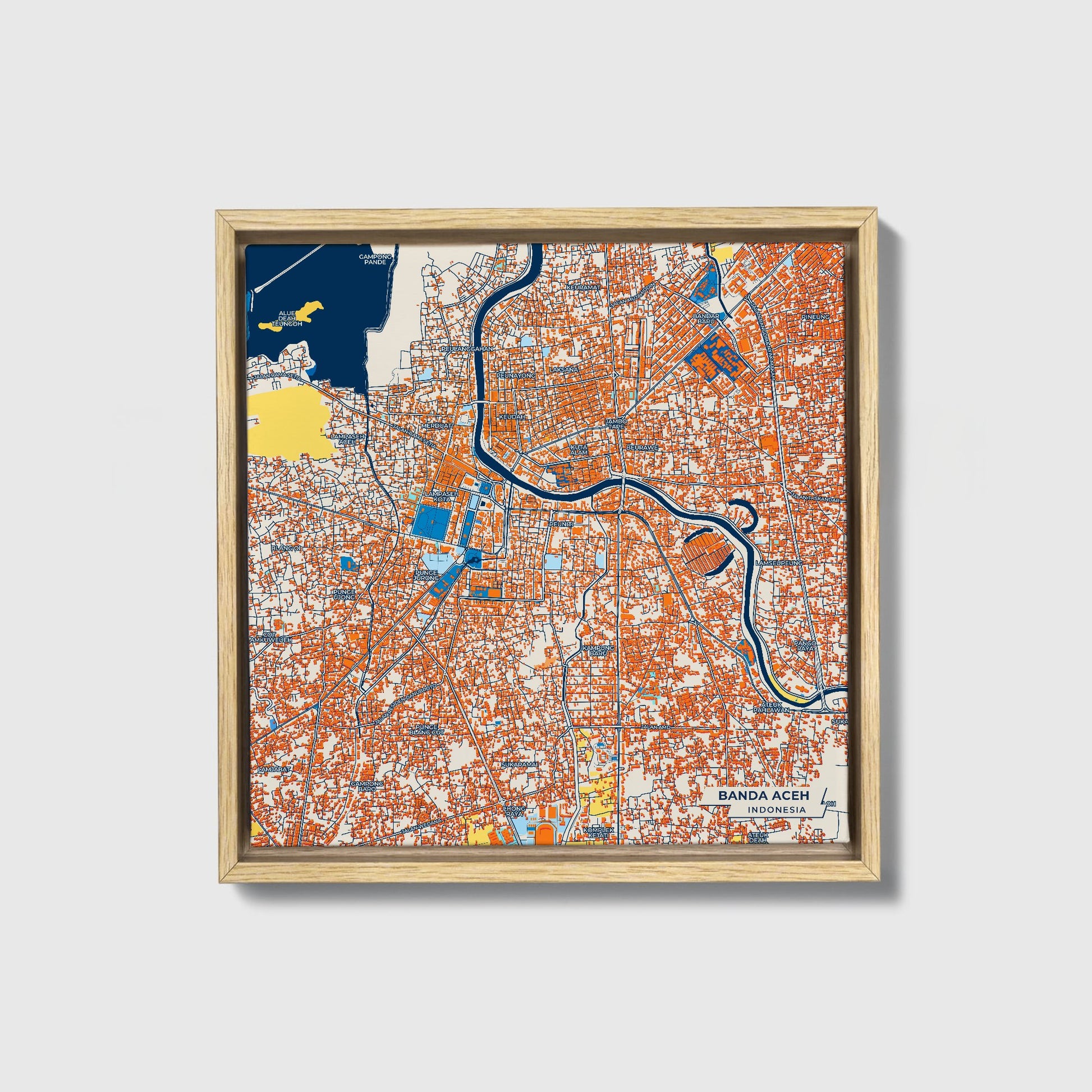 Banda Aceh Indonesia Colorful City Map Canvas Print • Natural Wooden Framed