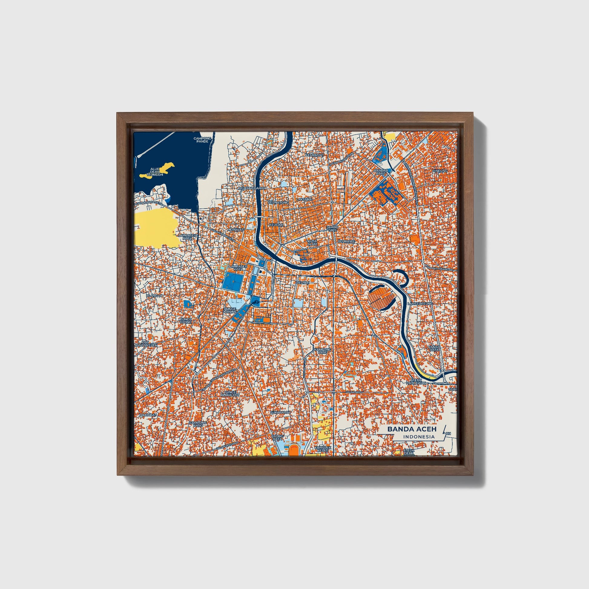 Banda Aceh Indonesia Colorful City Map Canvas Print • Dark Wooden Framed