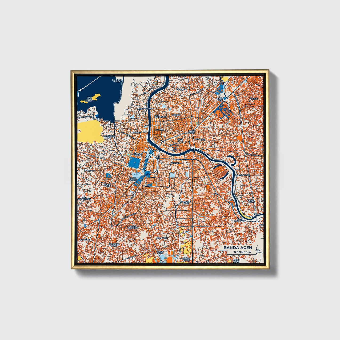 Banda Aceh Indonesia Colorful City Map Canvas Print • Gold Framed