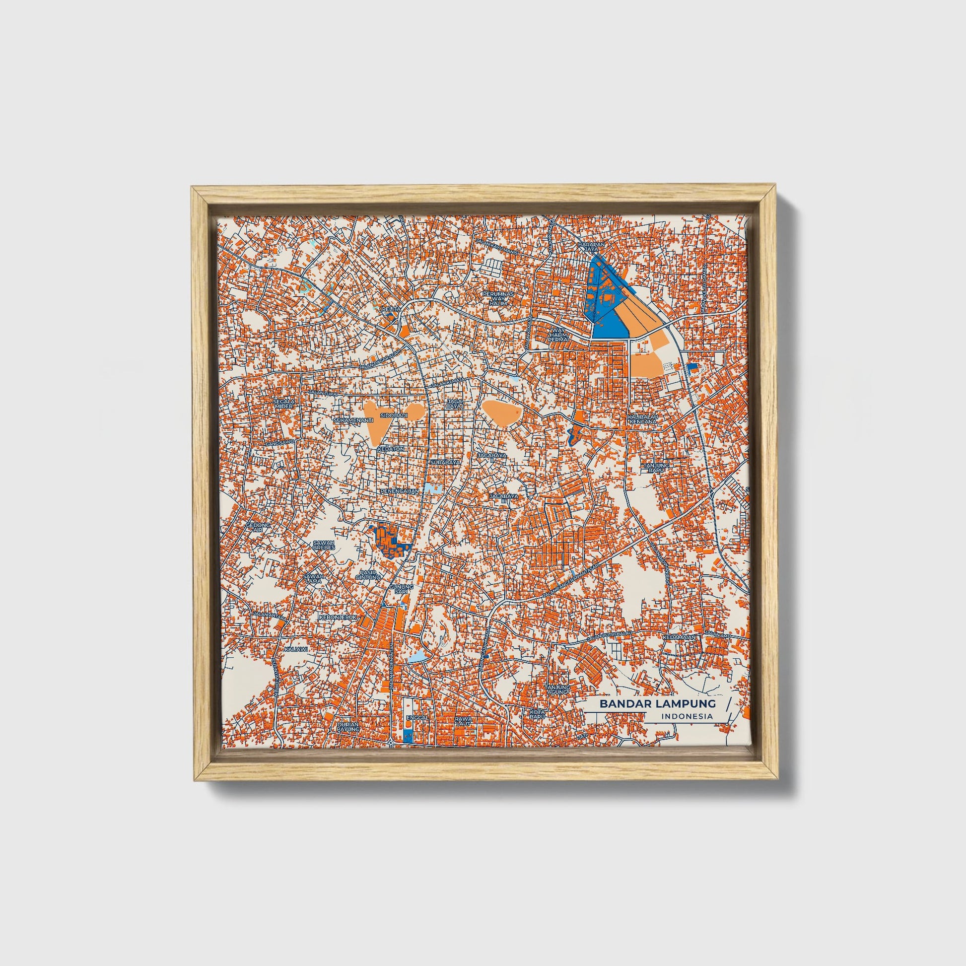 Bandar Lampung Indonesia Colorful City Map Canvas Print • Natural Wooden Framed