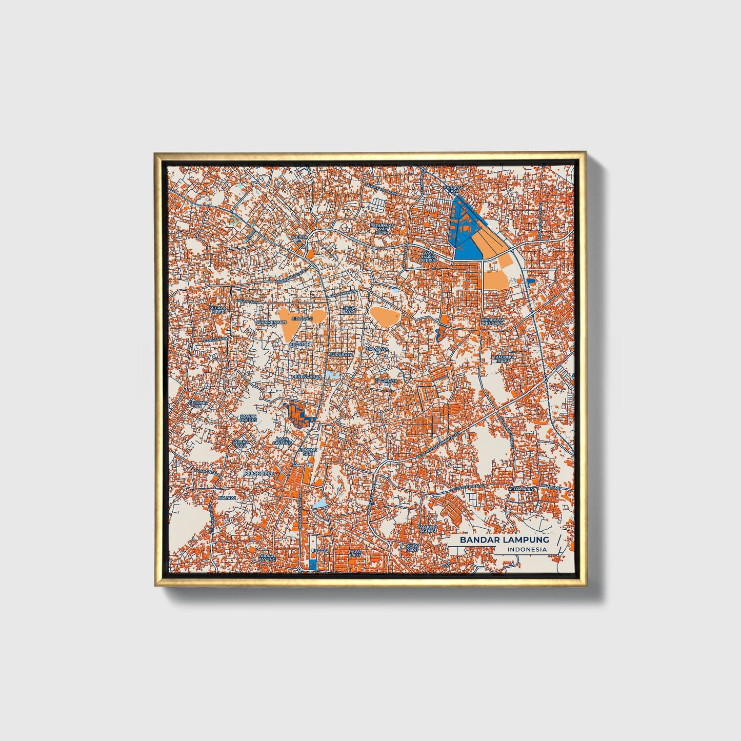 Bandar Lampung Indonesia Colorful City Map Canvas Print • Gold Framed