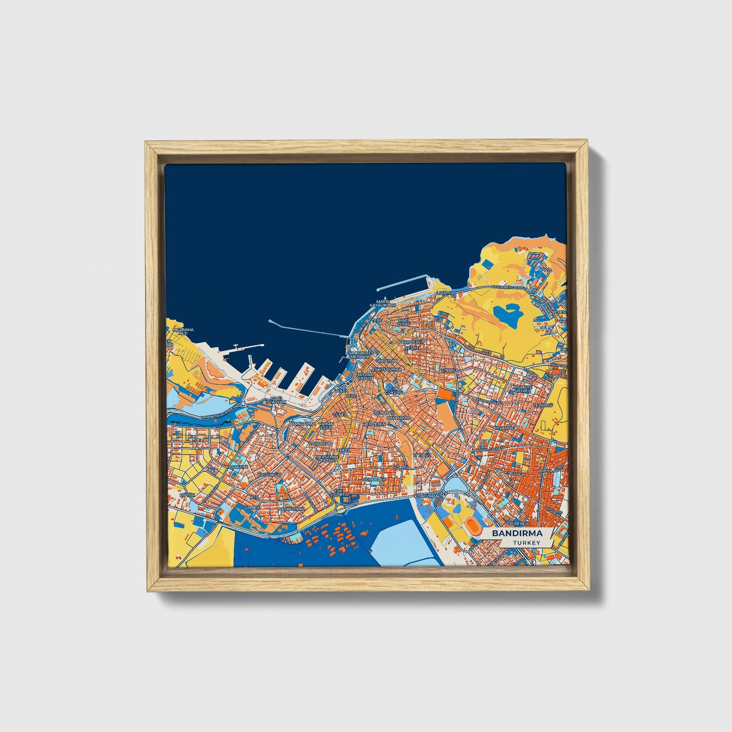 Bandirma Turkey Colorful City Map Canvas Print • Natural Wooden Framed