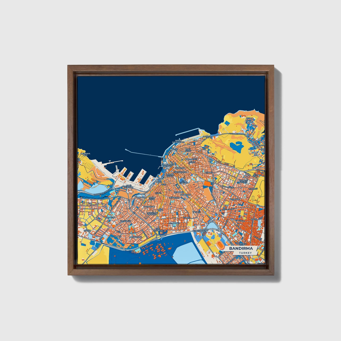 Bandirma Turkey Colorful City Map Canvas Print • Dark Wooden Framed
