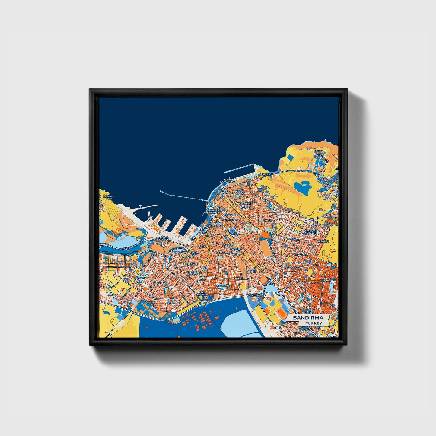Bandirma Turkey Colorful City Map Canvas Print • Black Framed