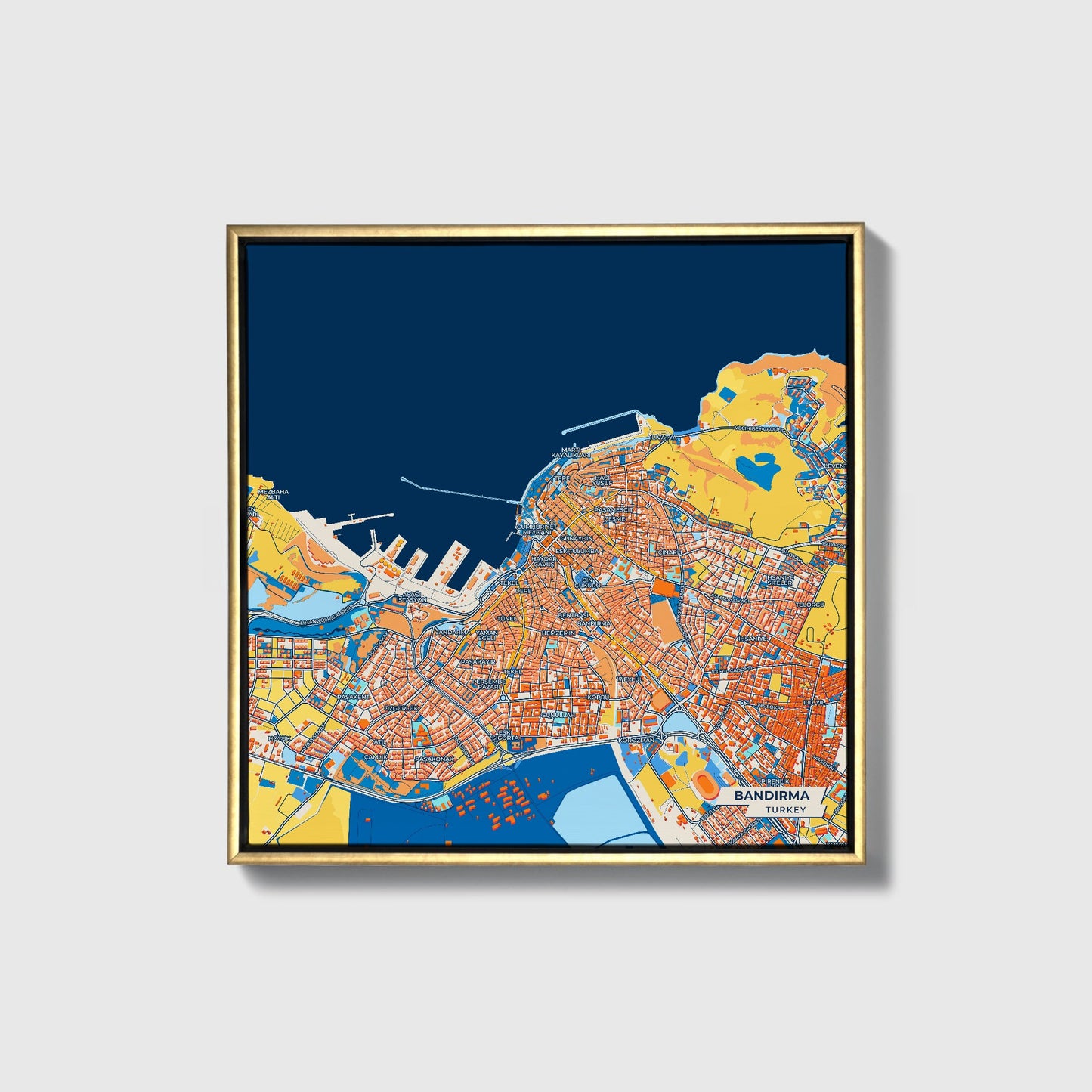 Bandirma Turkey Colorful City Map Canvas Print • Gold Framed