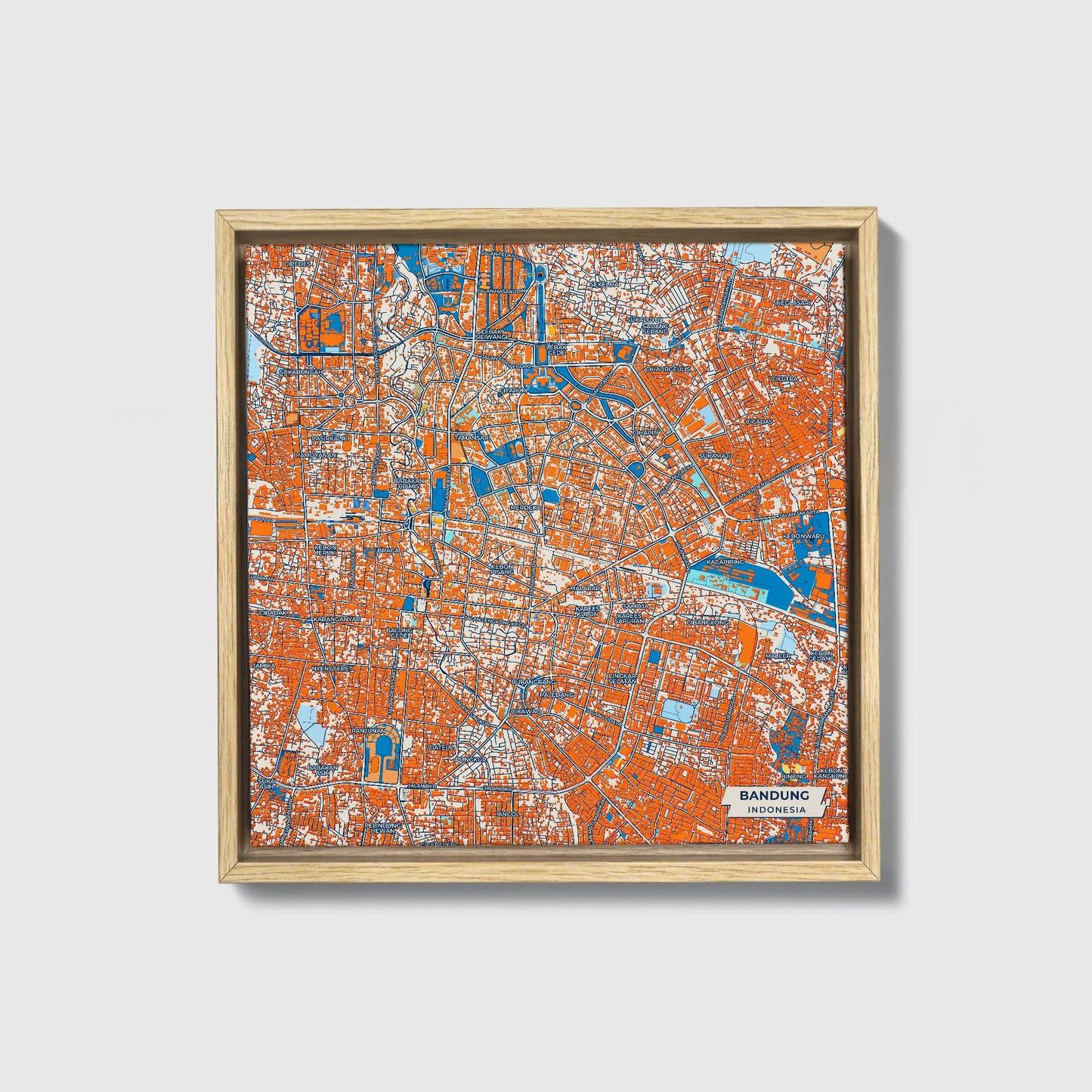 Bandung Indonesia Colorful City Map Canvas Print • Natural Wooden Framed
