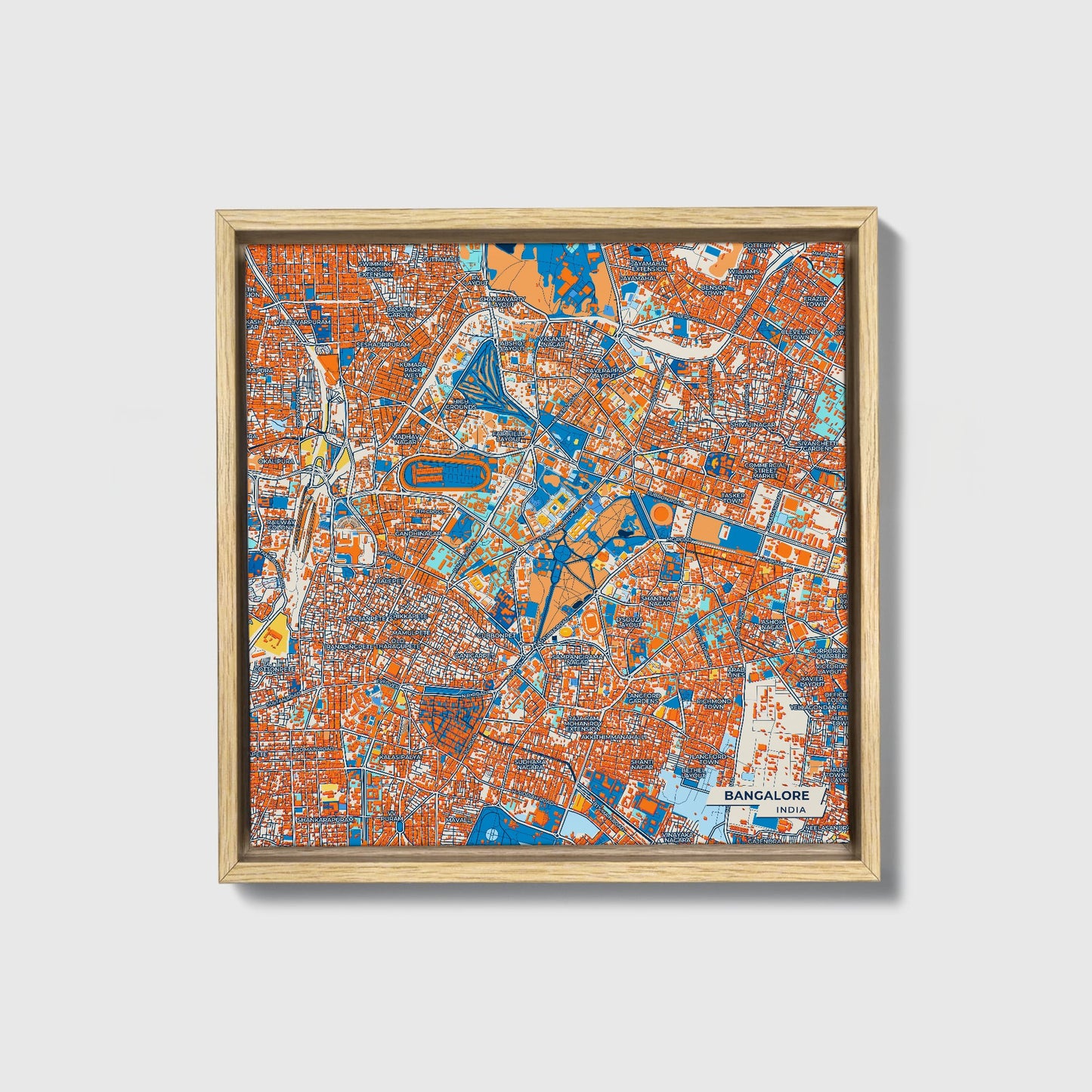 Bangalore India Colorful City Map Canvas Print • Natural Wooden Framed