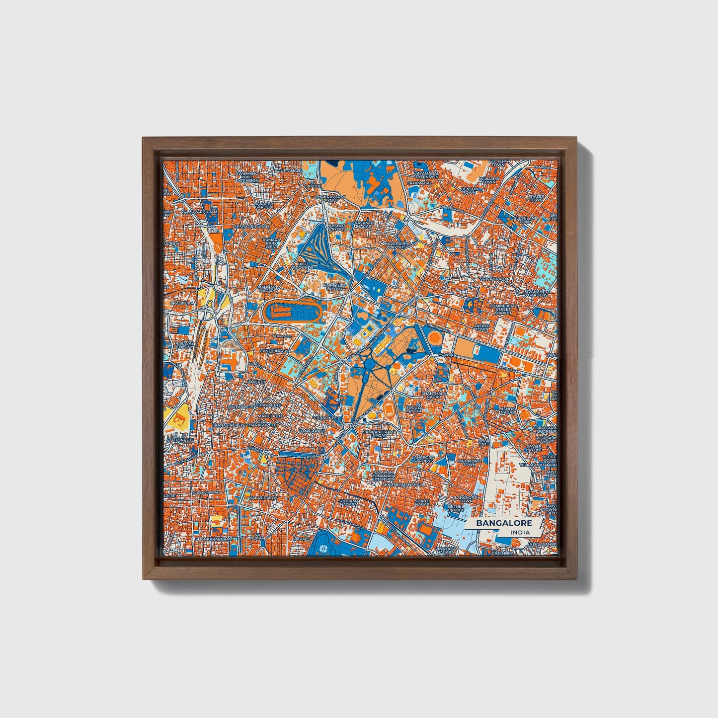 Bangalore India Colorful City Map Canvas Print • Dark Wooden Framed