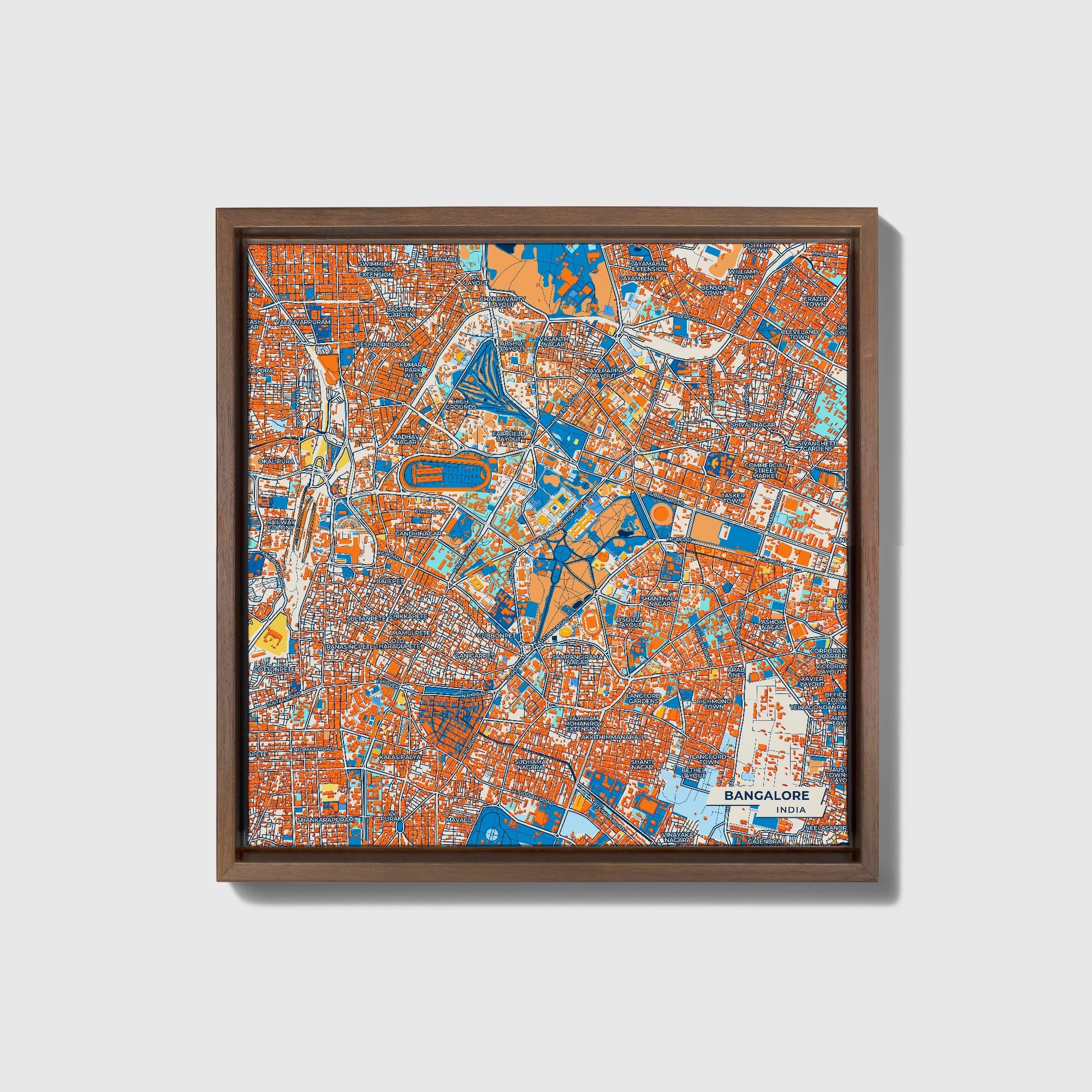 Bangalore India Colorful City Map Canvas Print • Dark Wooden Framed
