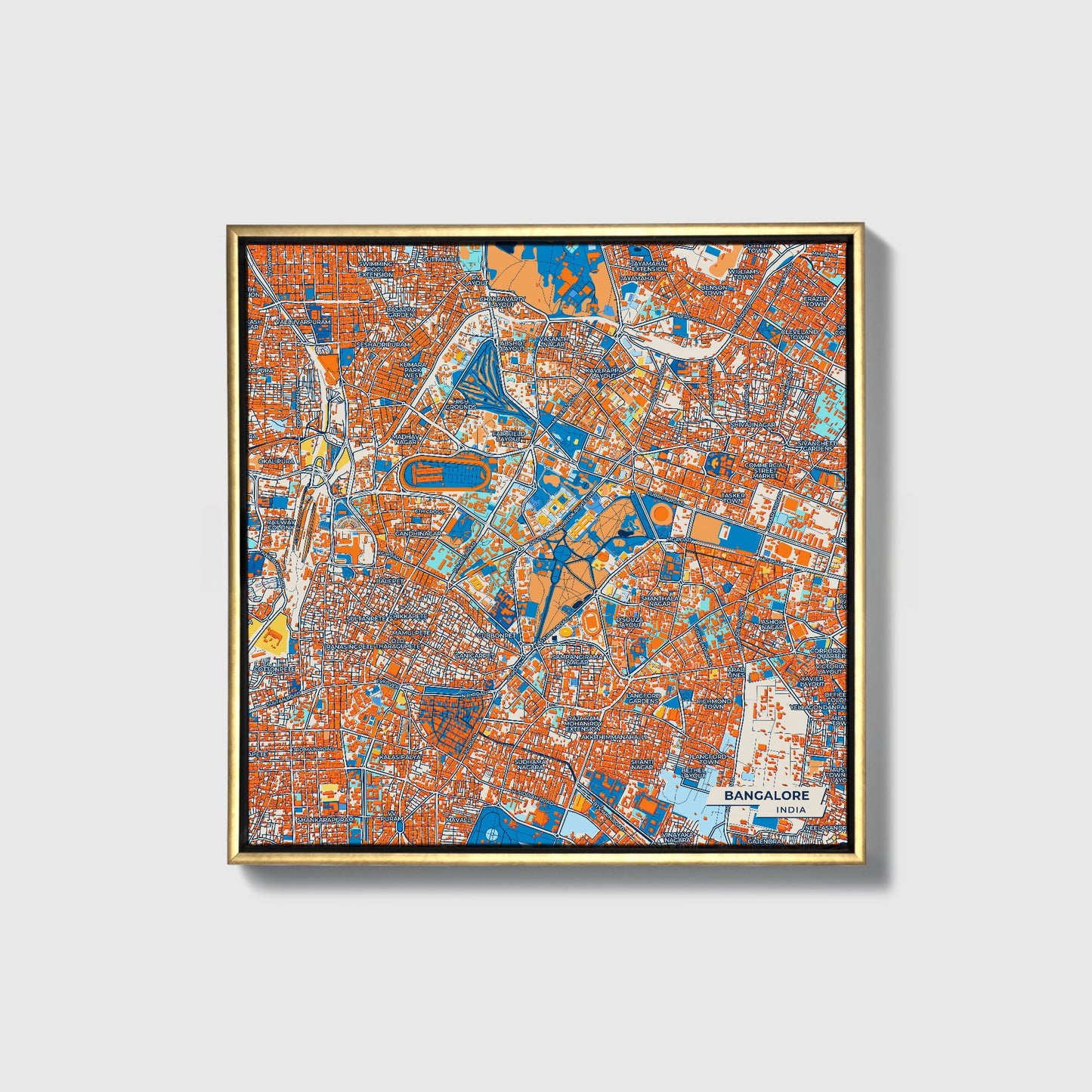 Bangalore India Colorful City Map Canvas Print • Gold Framed