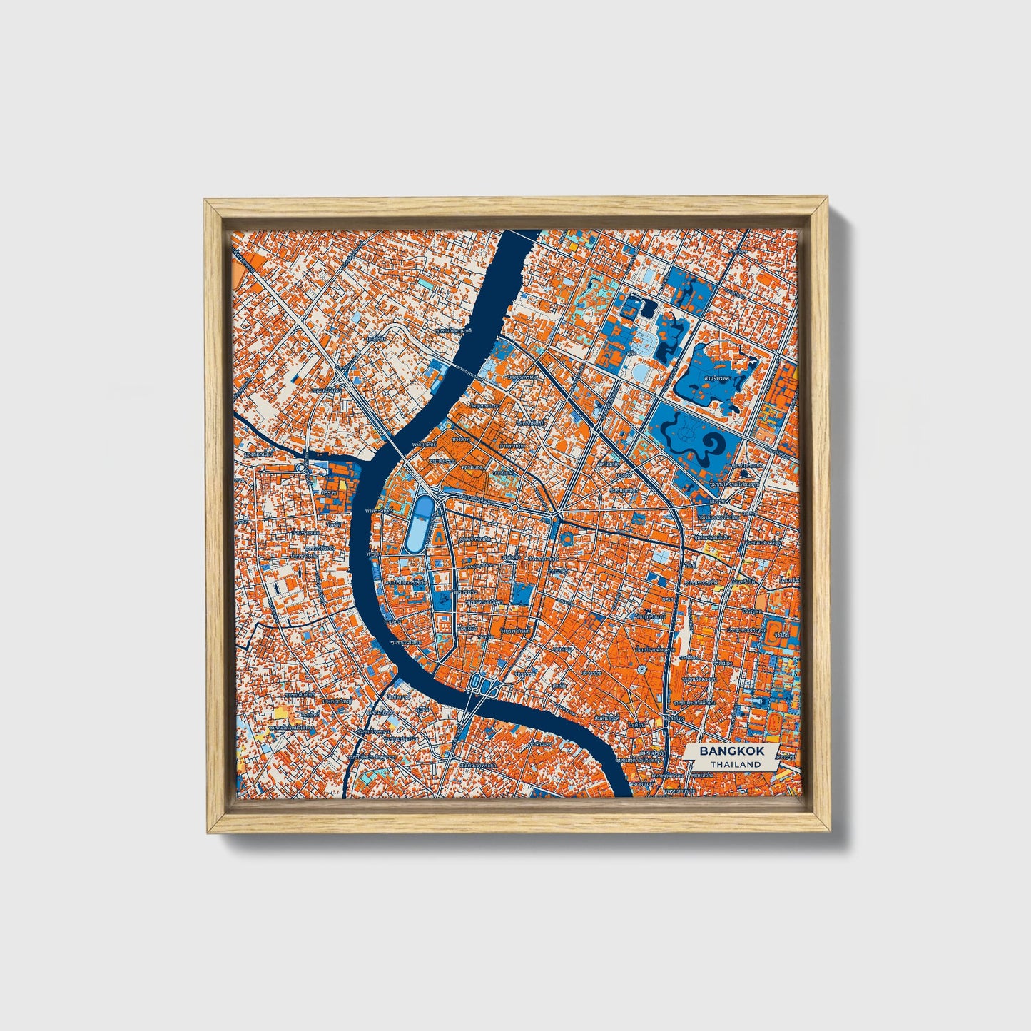Bangkok Thailand Colorful City Map Canvas Print • Natural Wooden Framed