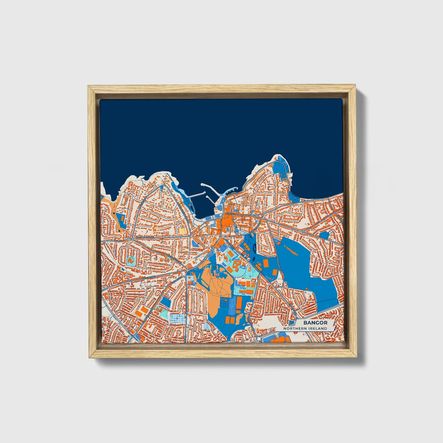 Bangor Northern Ireland Colorful City Map Canvas Print • Natural Wooden Framed