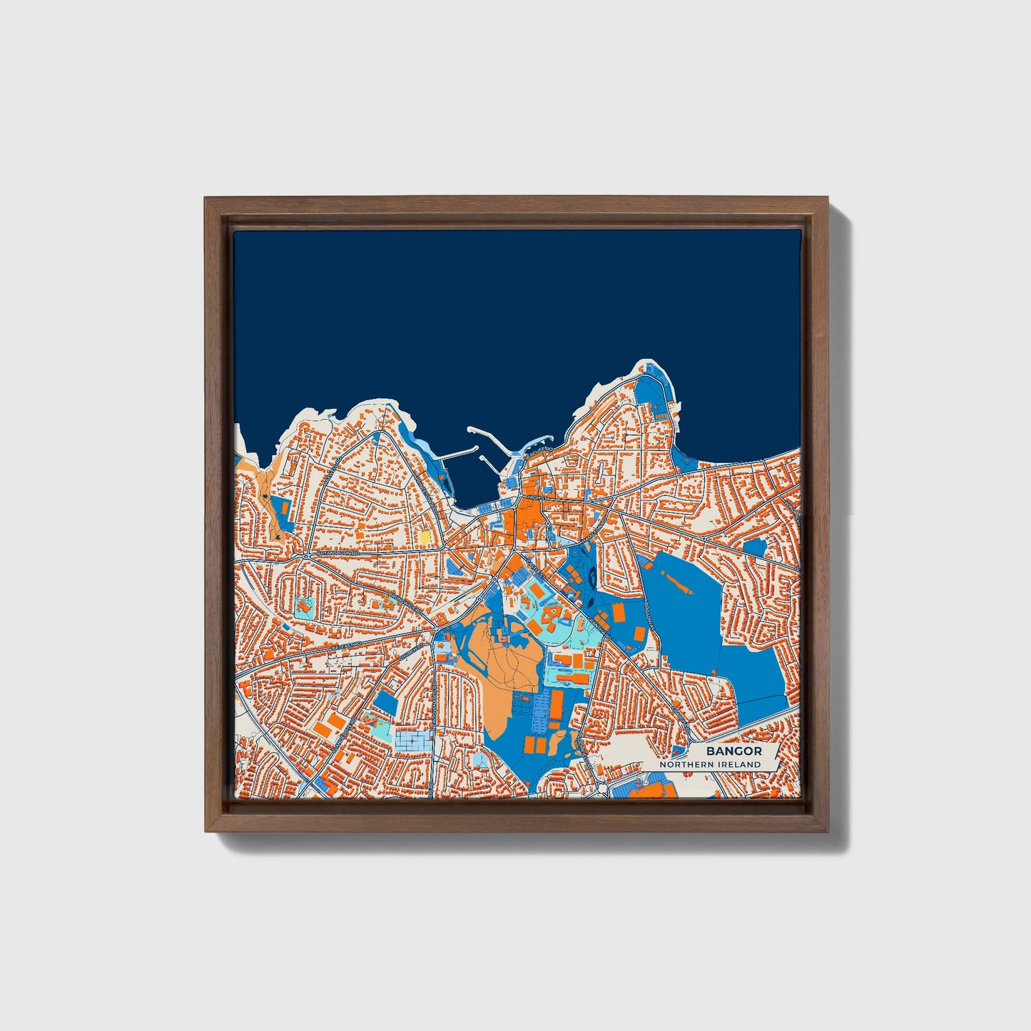 Bangor Northern Ireland Colorful City Map Canvas Print • Dark Wooden Framed