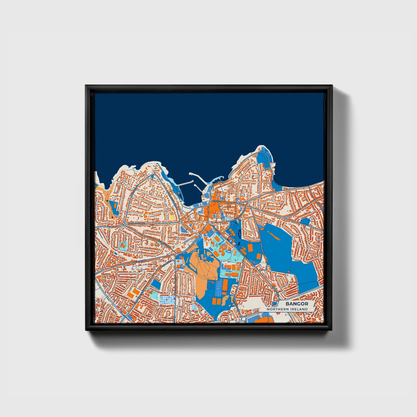 Bangor Northern Ireland Colorful City Map Canvas Print • Black Framed