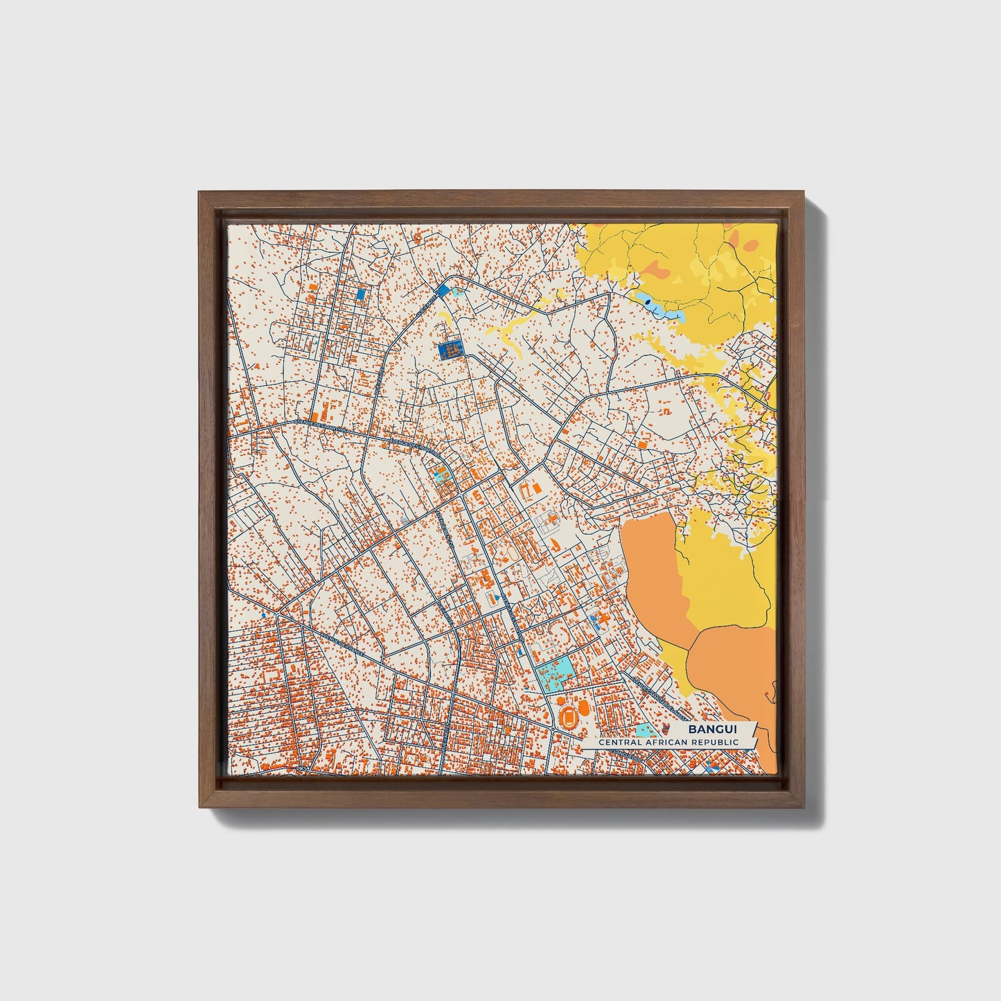 Bangui Central African Republic Colorful City Map Canvas Print • Dark Wooden Framed