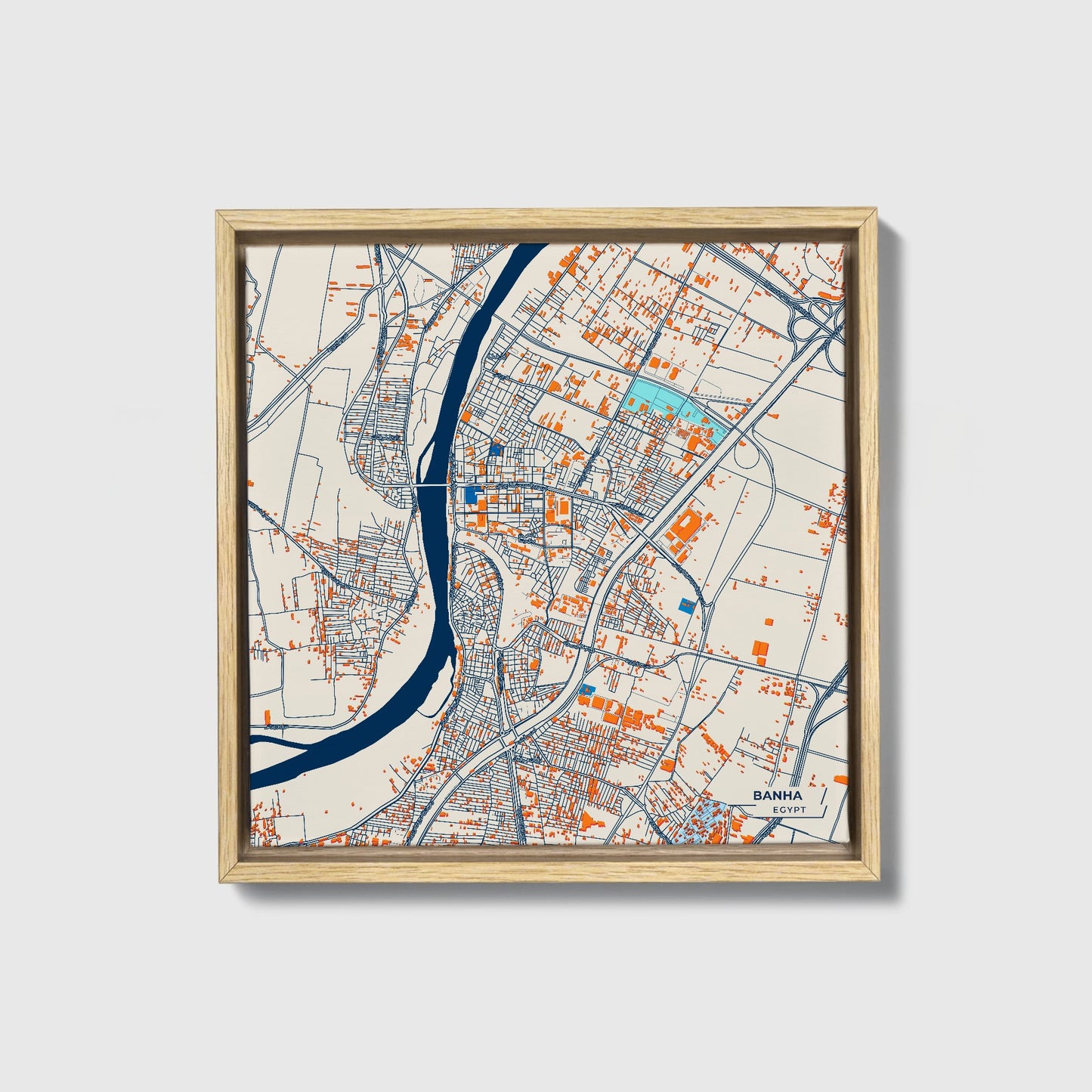 Banha Egypt Colorful City Map Canvas Print • Natural Wooden Framed