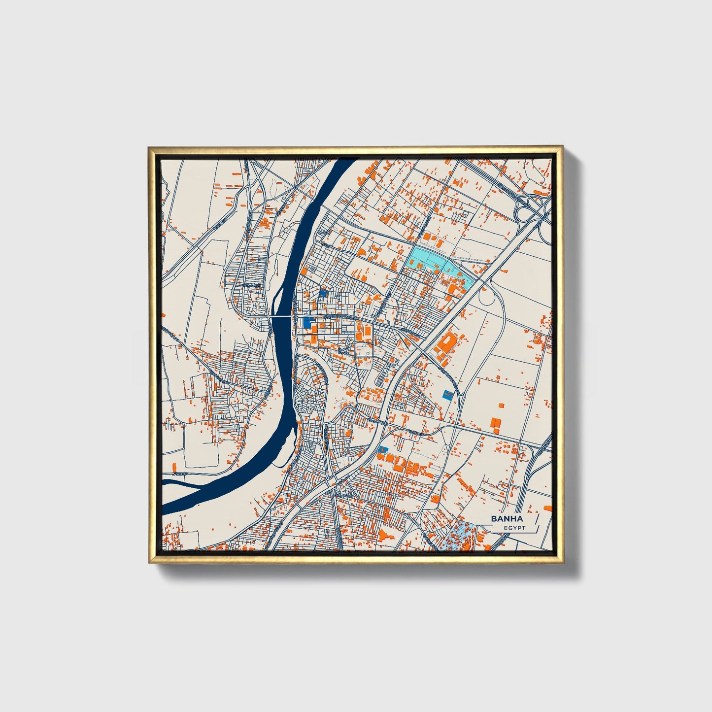Banha Egypt Colorful City Map Canvas Print • Gold Framed