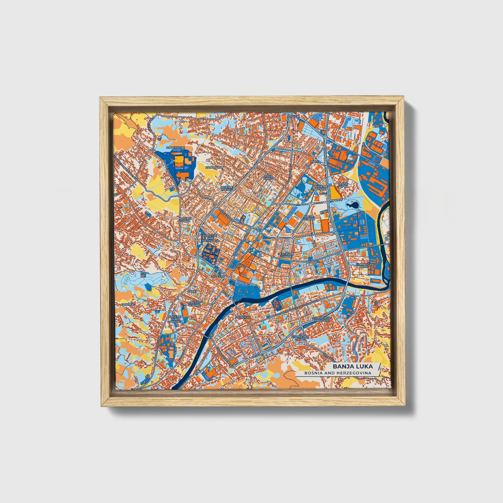 Banja Luka Bosnia And Herzegovina Colorful City Map Canvas Print • Natural Wooden Framed