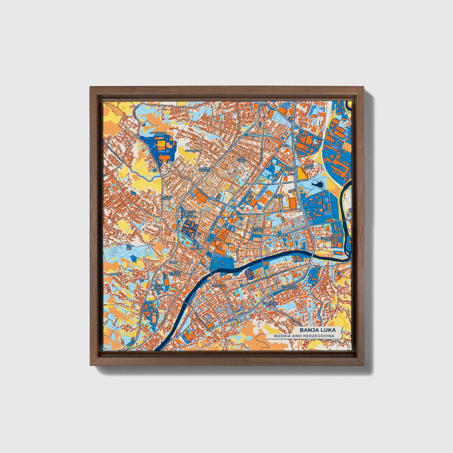 Banja Luka Bosnia And Herzegovina Colorful City Map Canvas Print • Dark Wooden Framed