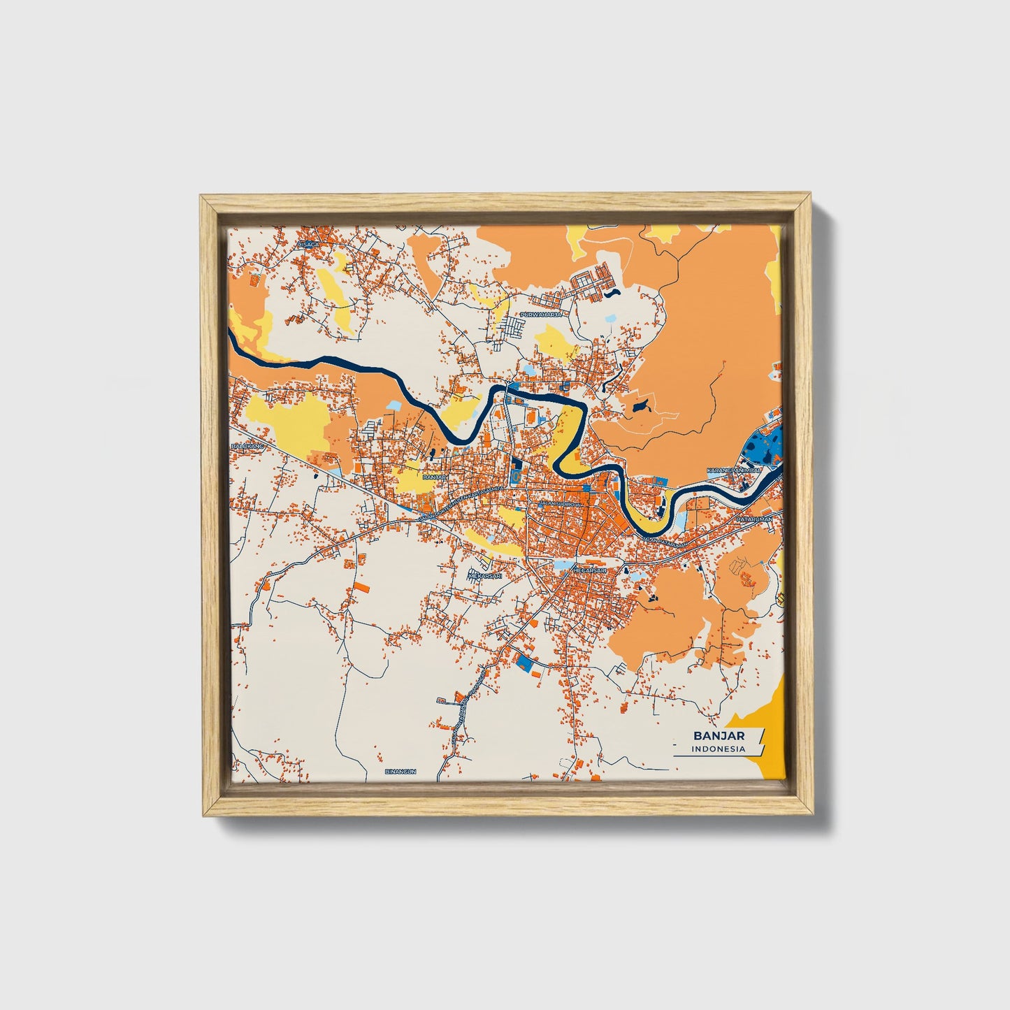 Banjar Indonesia Colorful City Map Canvas Print • Natural Wooden Framed
