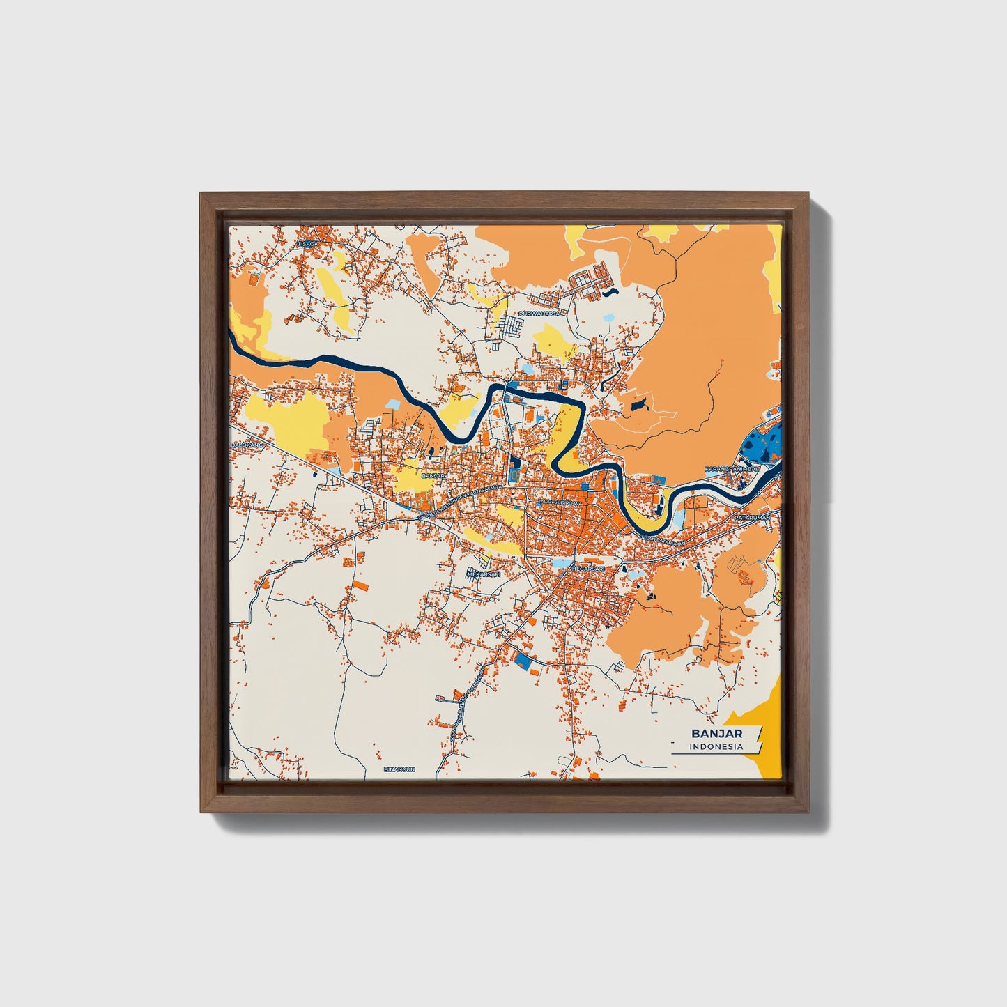 Banjar Indonesia Colorful City Map Canvas Print • Dark Wooden Framed