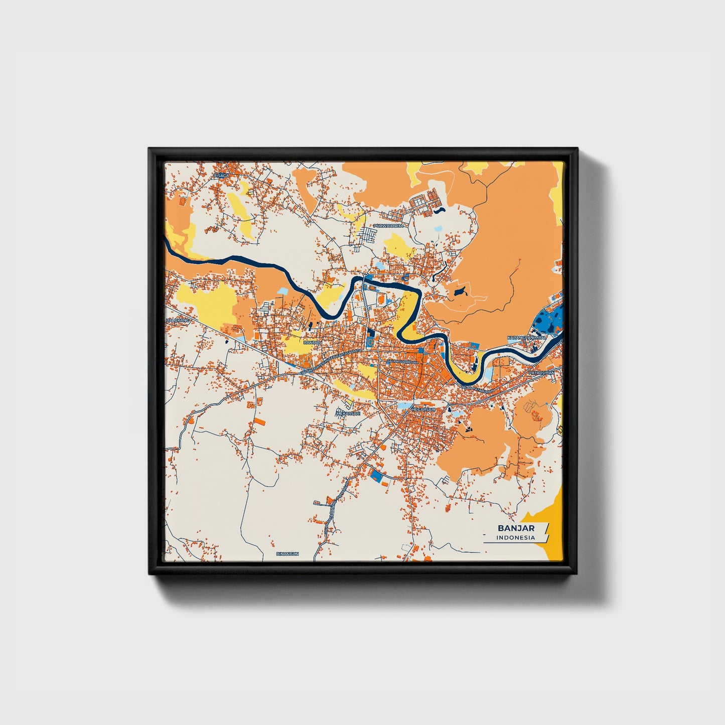 Banjar Indonesia Colorful City Map Canvas Print • Black Framed