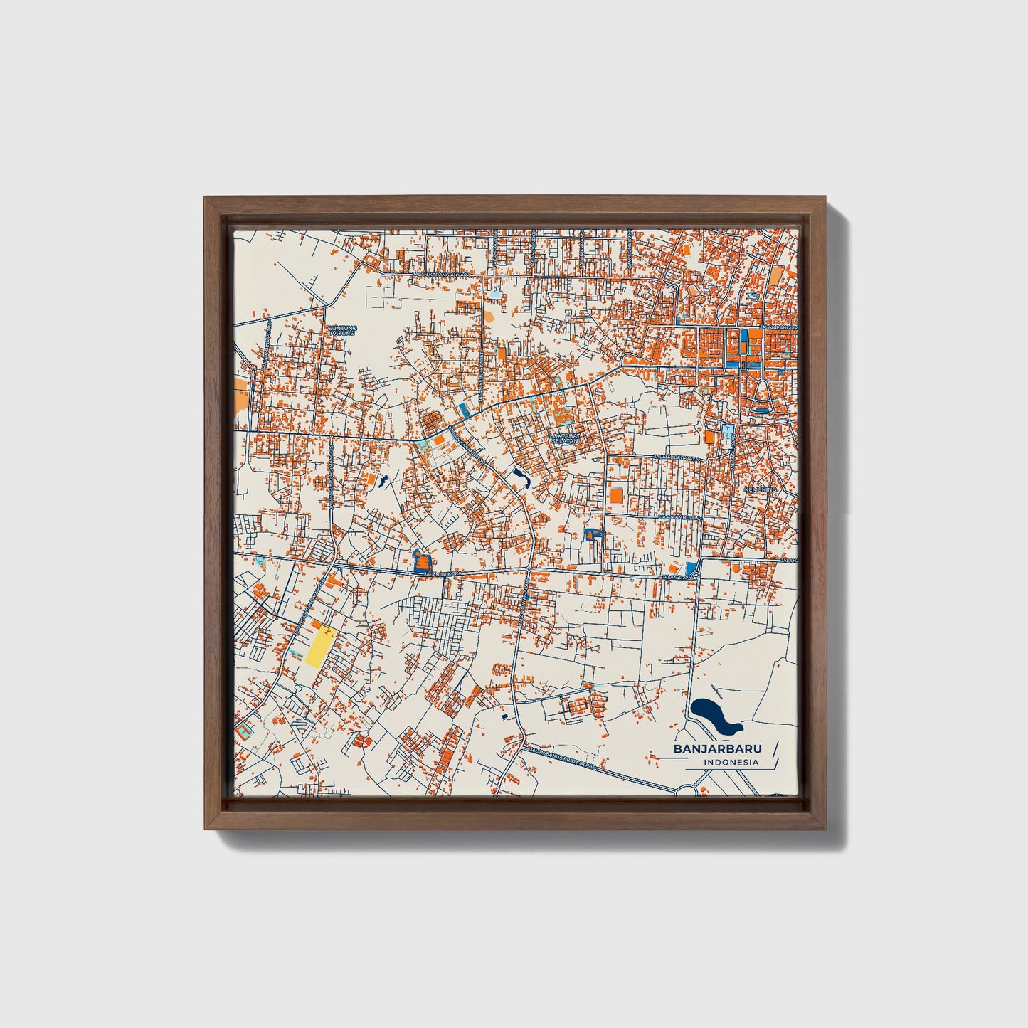 Banjarbaru Indonesia Colorful City Map Canvas Print • Dark Wooden Framed