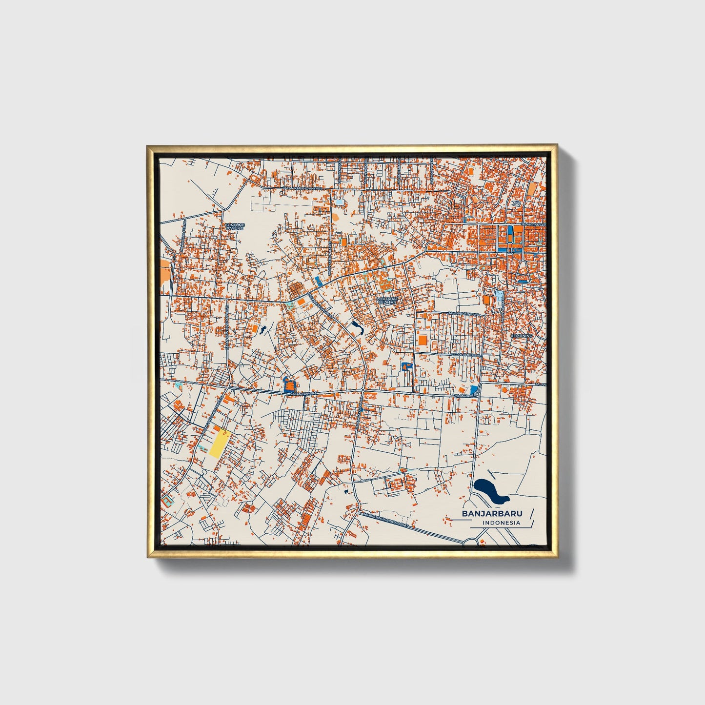 Banjarbaru Indonesia Colorful City Map Canvas Print • Gold Framed