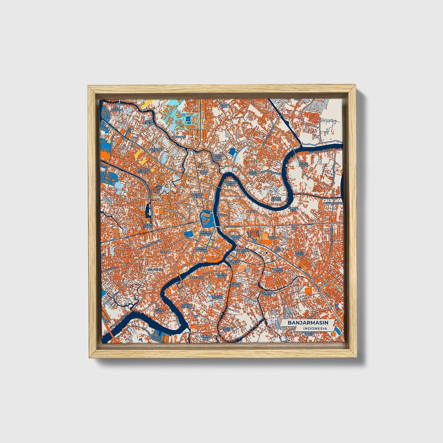 Banjarmasin Indonesia Colorful City Map Canvas Print • Natural Wooden Framed