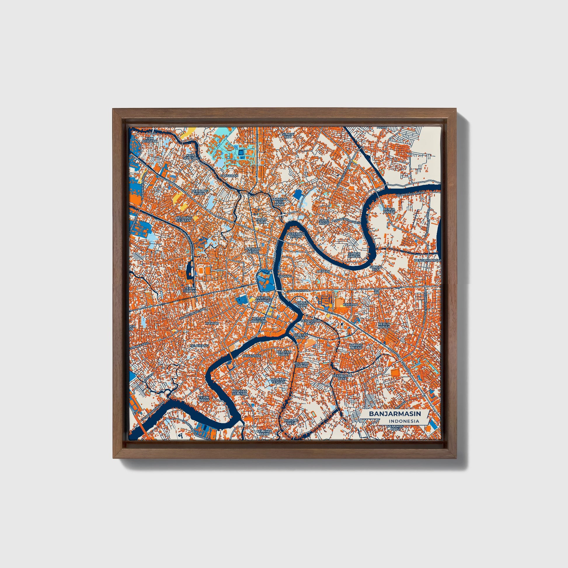 Banjarmasin Indonesia Colorful City Map Canvas Print • Dark Wooden Framed