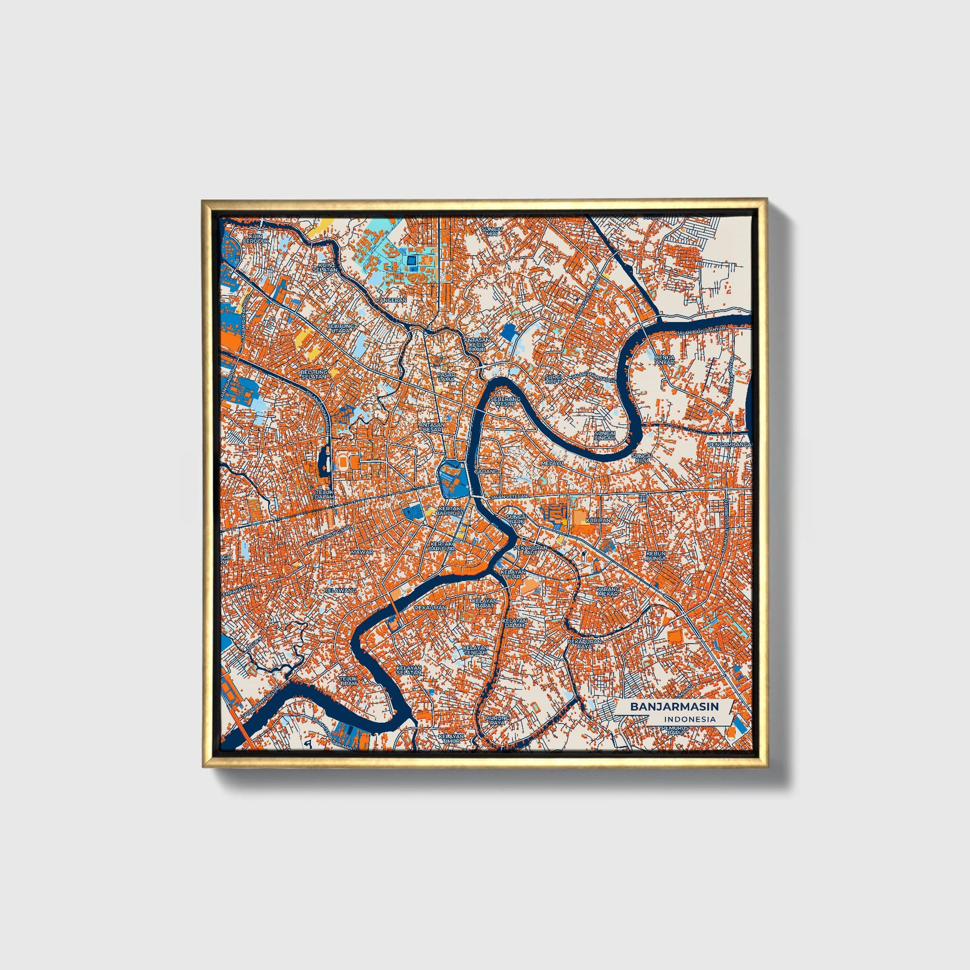 Banjarmasin Indonesia Colorful City Map Canvas Print • Gold Framed