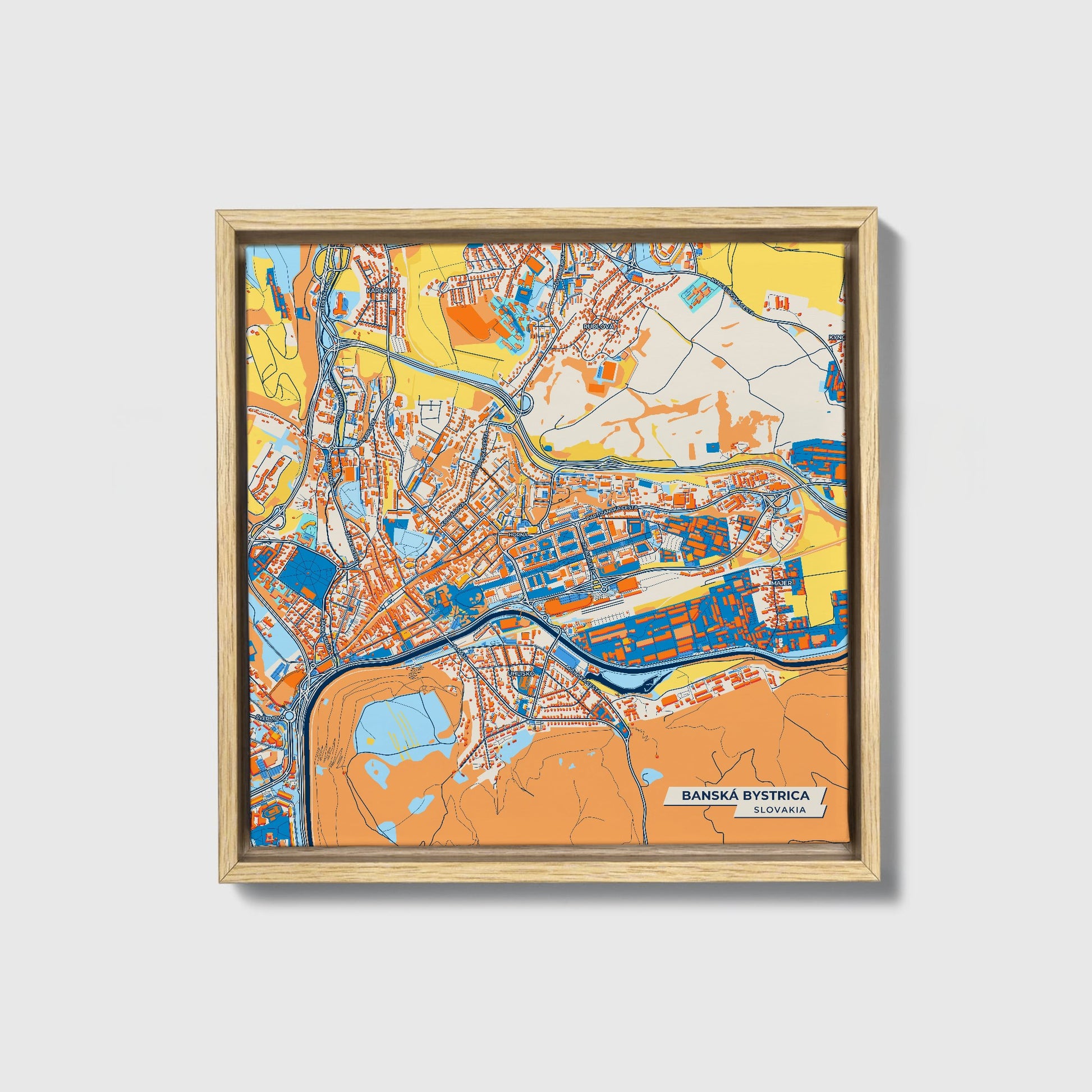 Banská Bystrica Slovakia Colorful City Map Canvas Print • Natural Wooden Framed