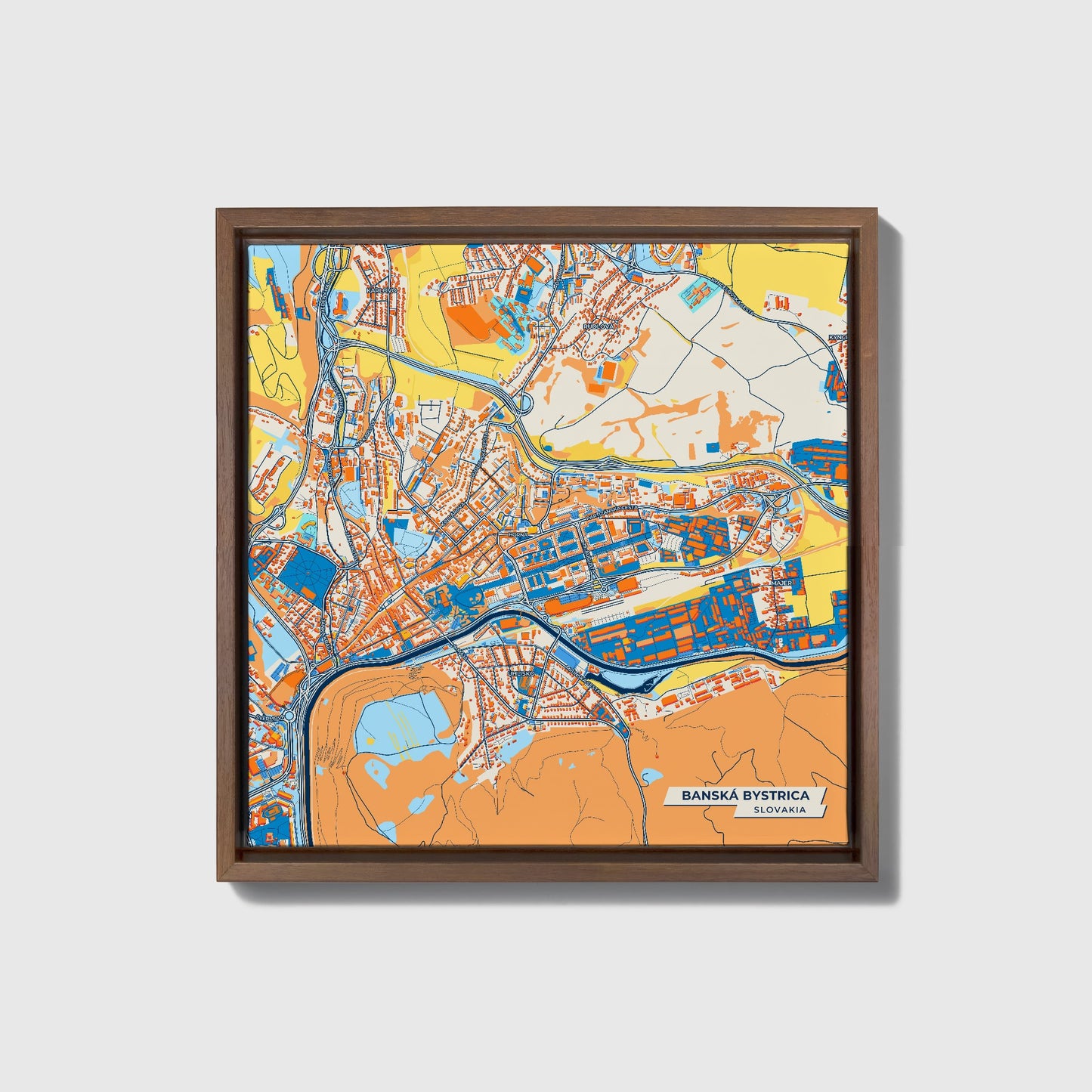 Banská Bystrica Slovakia Colorful City Map Canvas Print • Dark Wooden Framed