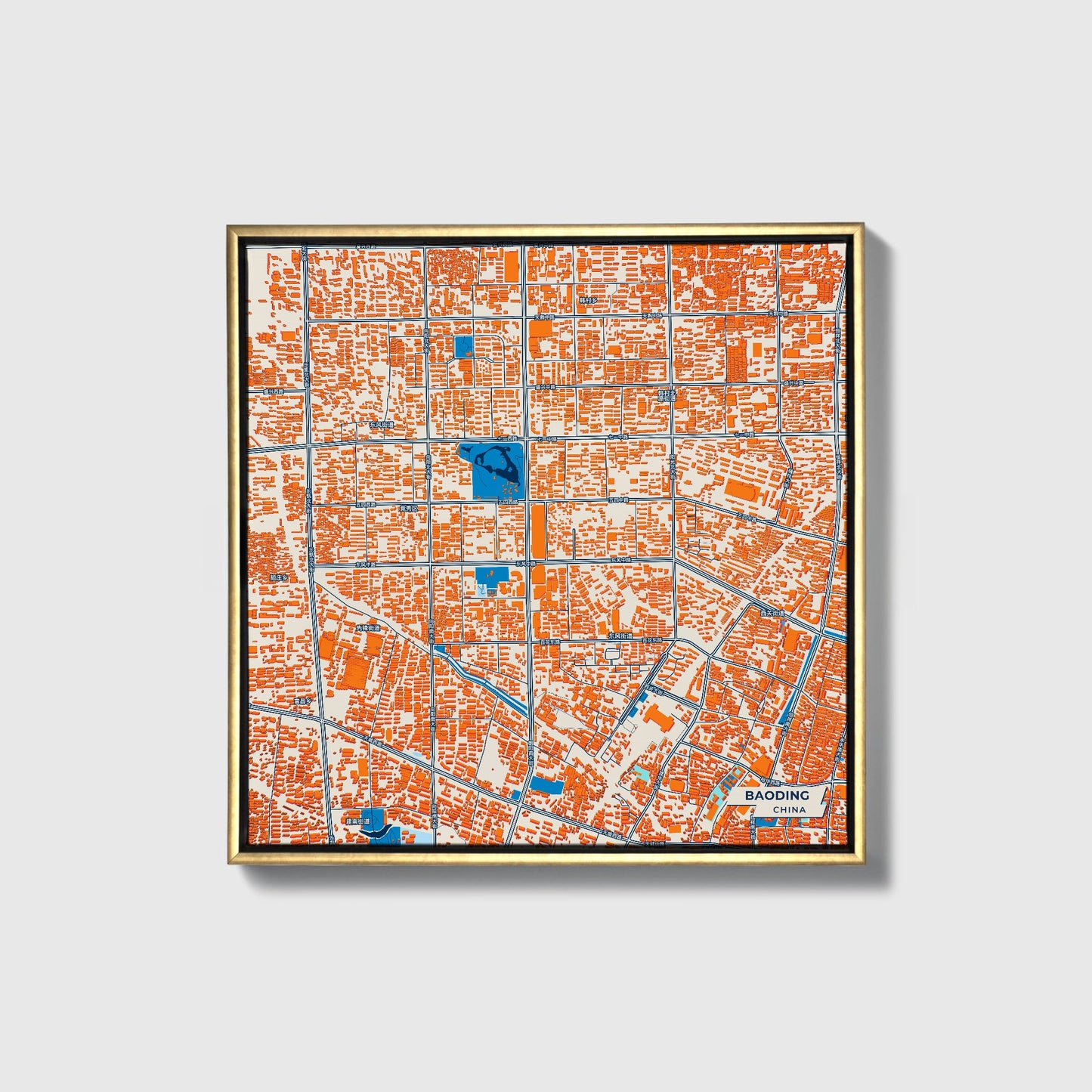 Baoding China Colorful City Map Canvas Print • Gold Framed