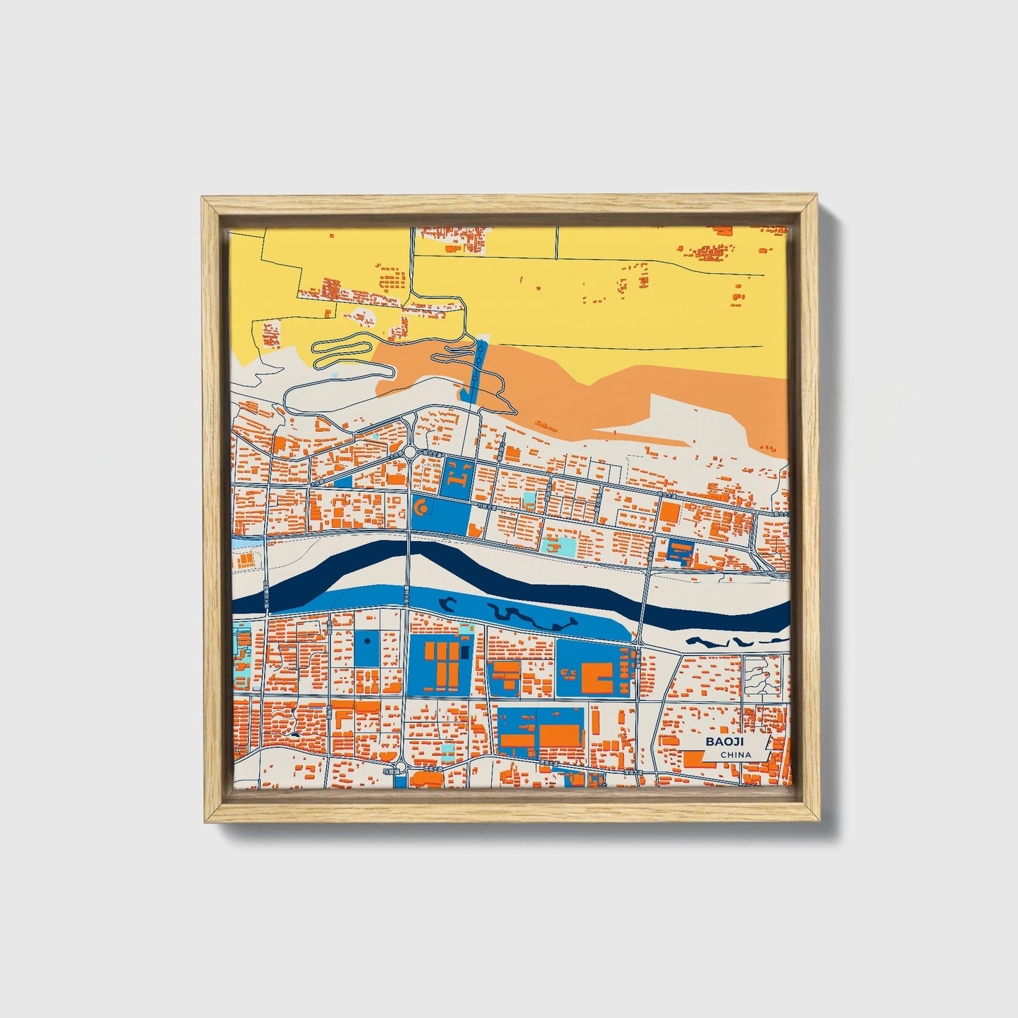 Baoji China Colorful City Map Canvas Print • Natural Wooden Framed